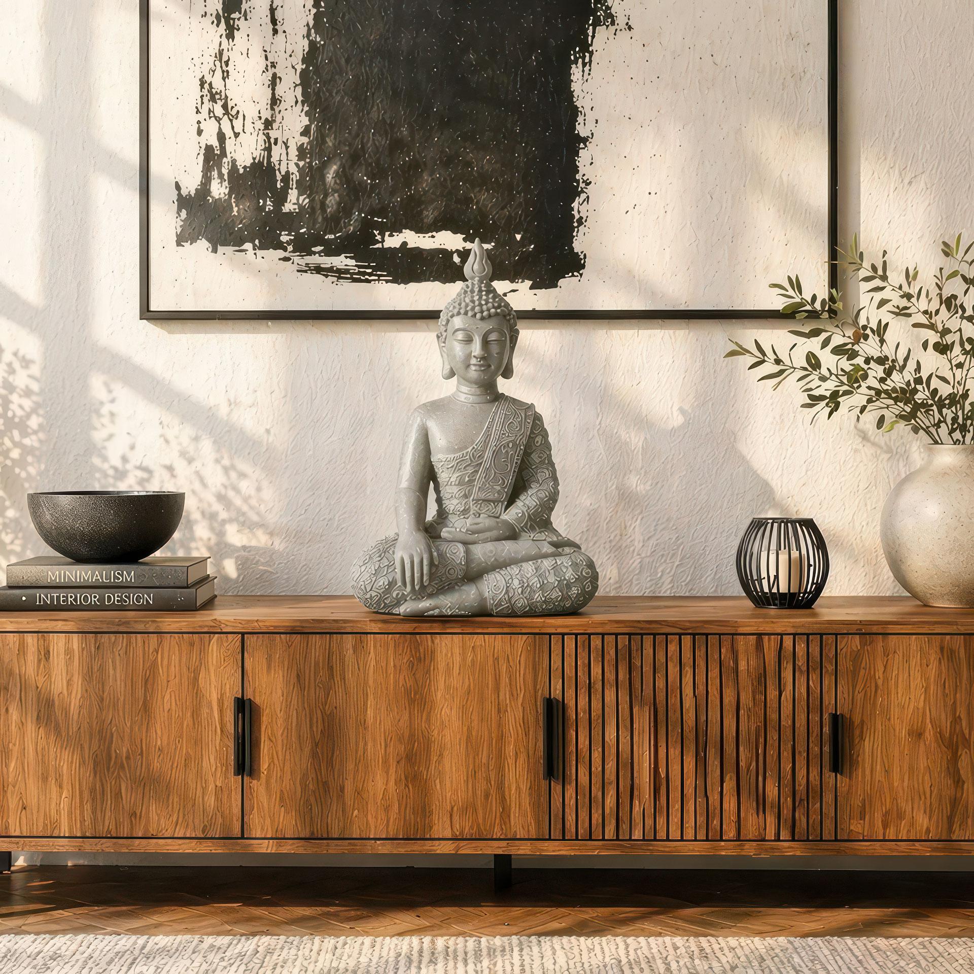 Statuette Bouddha Thai en pierre artificielle gris - 29x18x45 cm