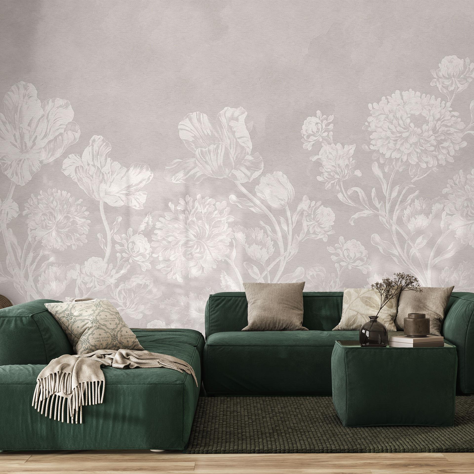 Fototapet med vilde blomster i kridtlook beige - Bloomery Decor