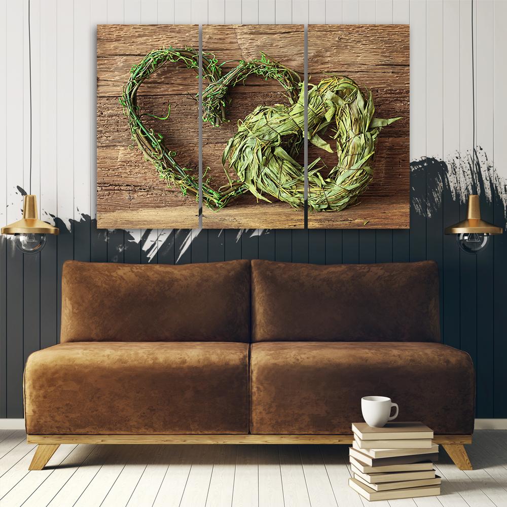 3-delige canvas print hart hout kruiden groen