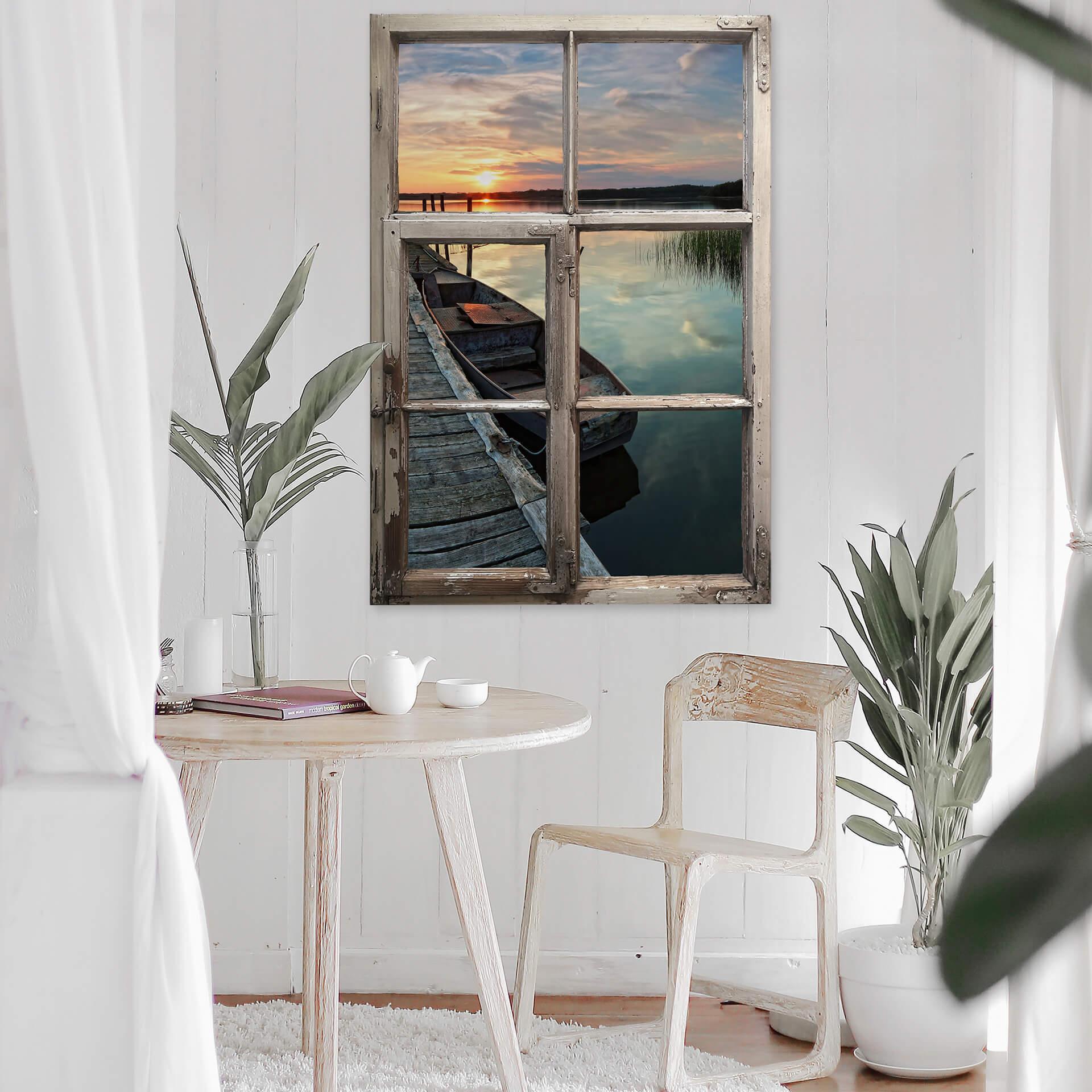3D Wallsticker vindue shabby - Solnedgang ved søen