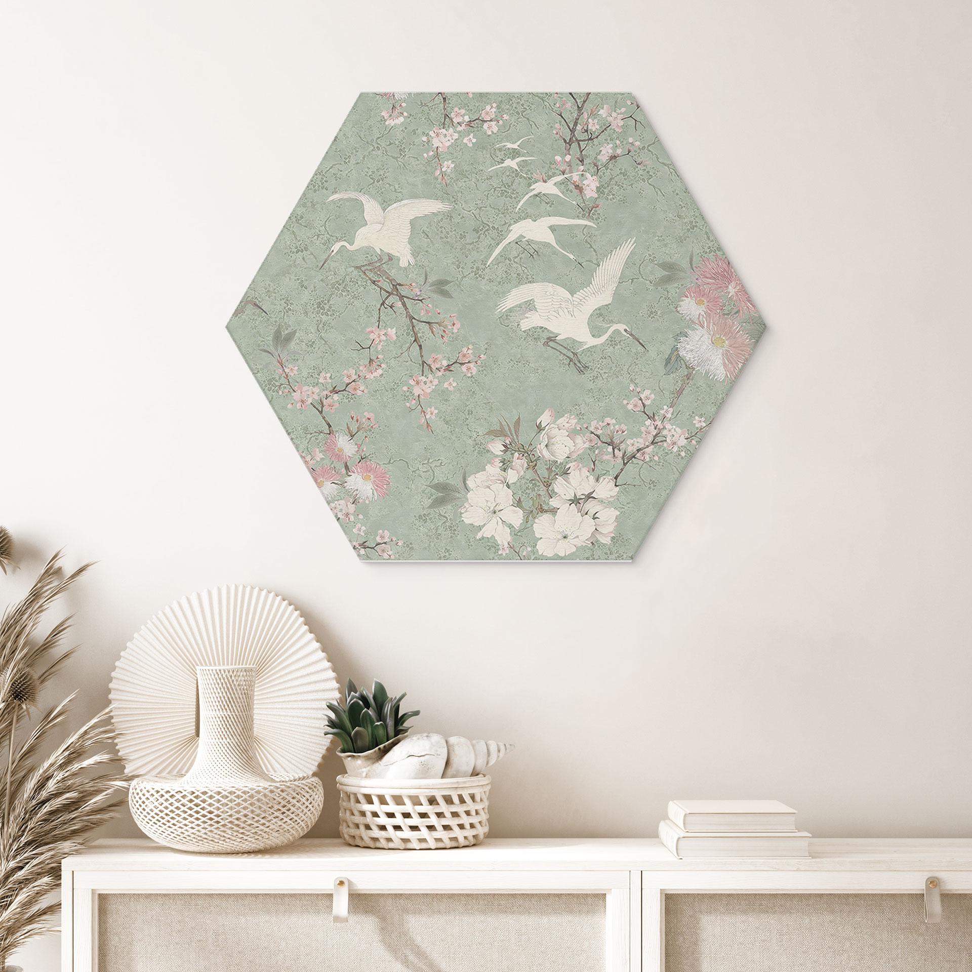 Sekskantet Billede af kraner i en kirsebærblomst Rush Green - Bloomery Decor - Aluminium Dibond
