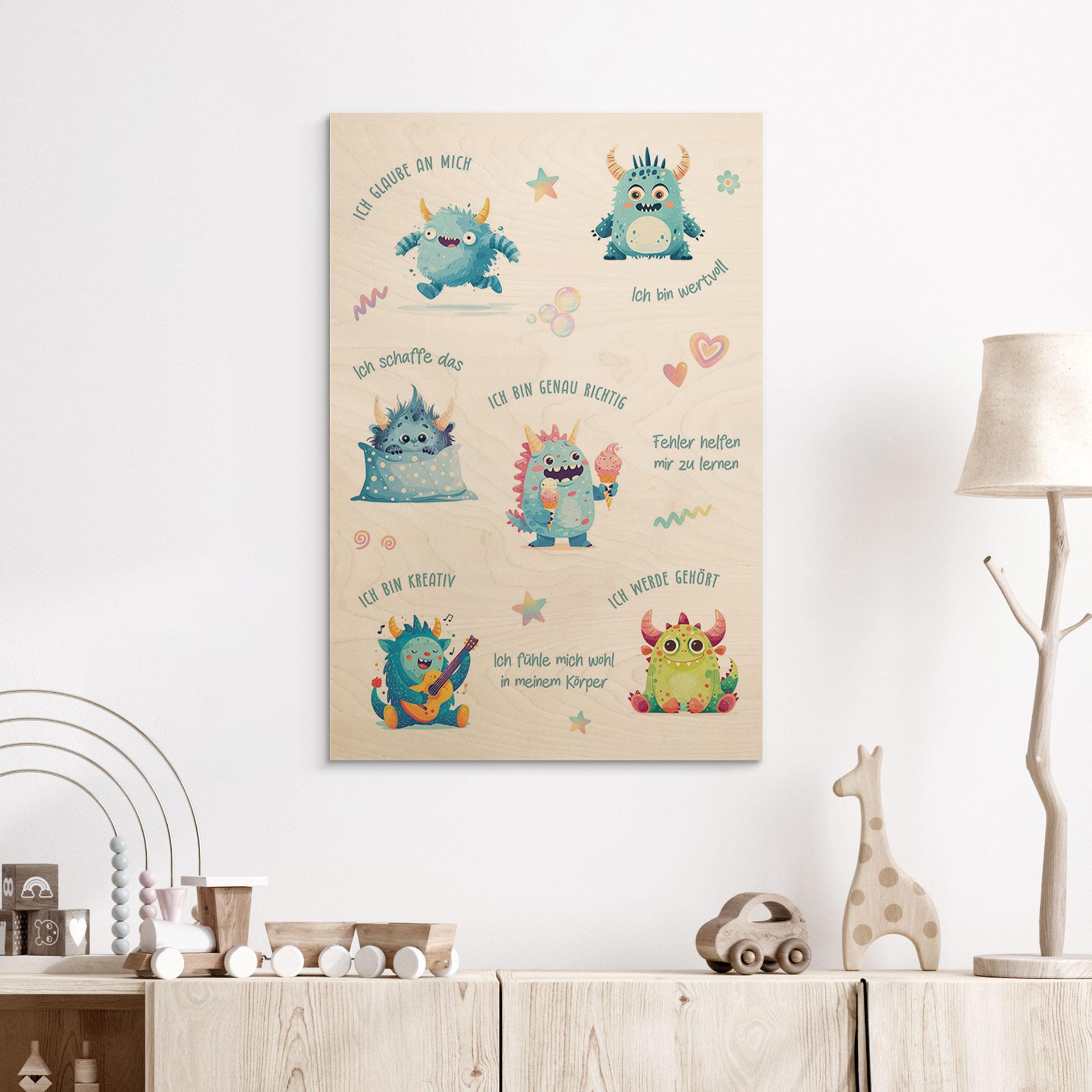 Holzbild - Affirmationen Monster, kindgerechte Mutmachsprüche