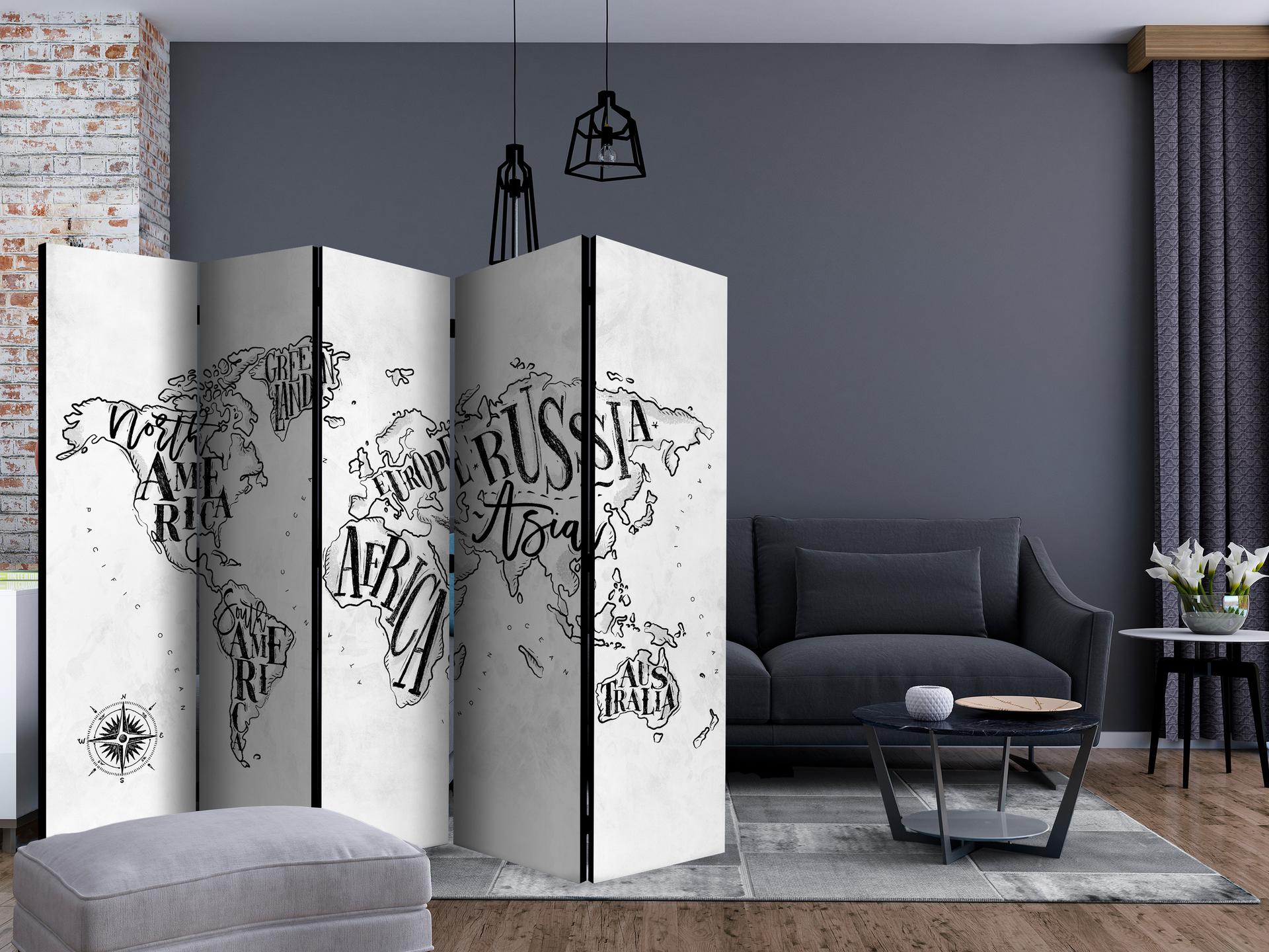 Divisorio - Continenti retrò (grigio) , 5 pezzi - 225x172 cm