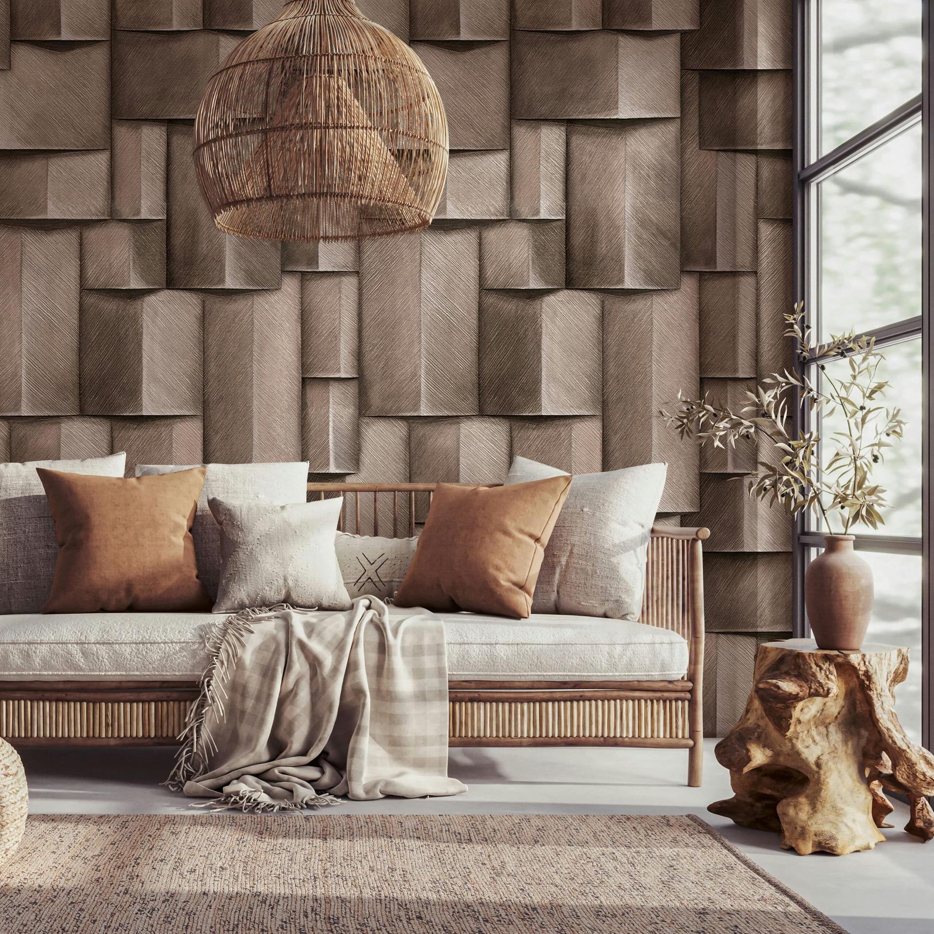 vliesbehang met houtmotieven geometrisch wit, bruin 3D look 2,70 x 1,59 m