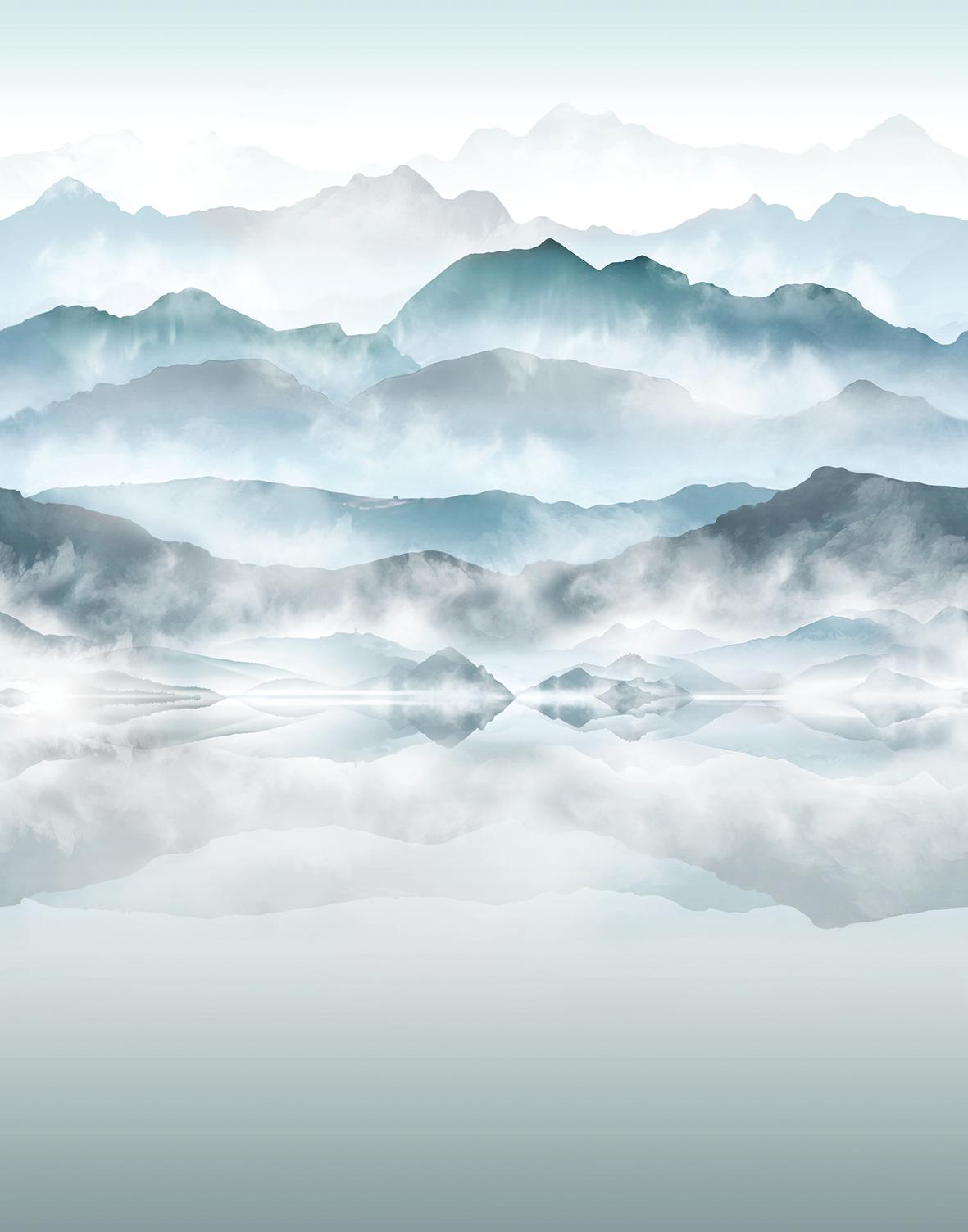 Fotobehang met mist en bergen Blauw, grijs,Afbeelding 2,70 x 2,12 m
