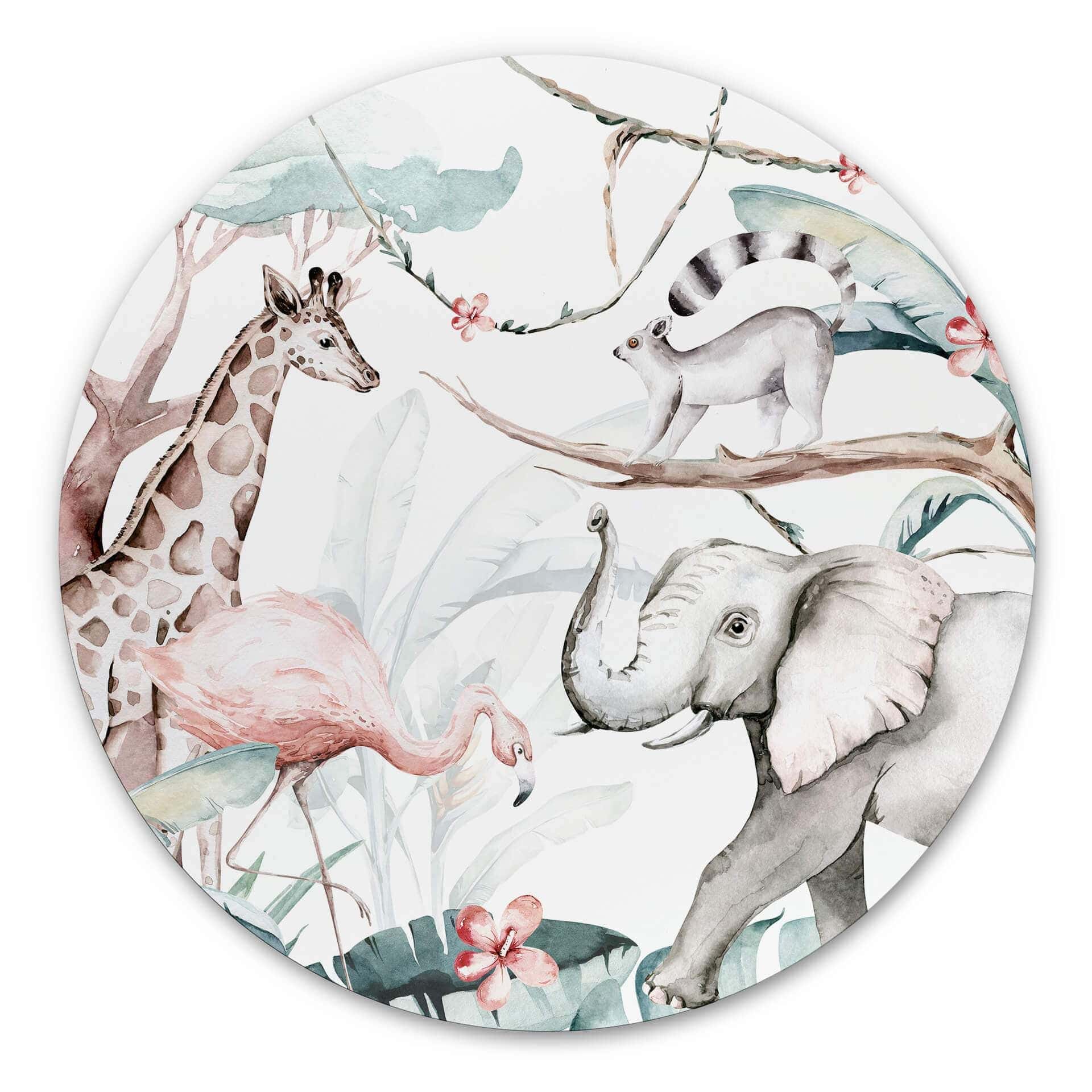 Tableau en alu-Dibond Kvilis - Amis des animaux dans la jungle - Rond