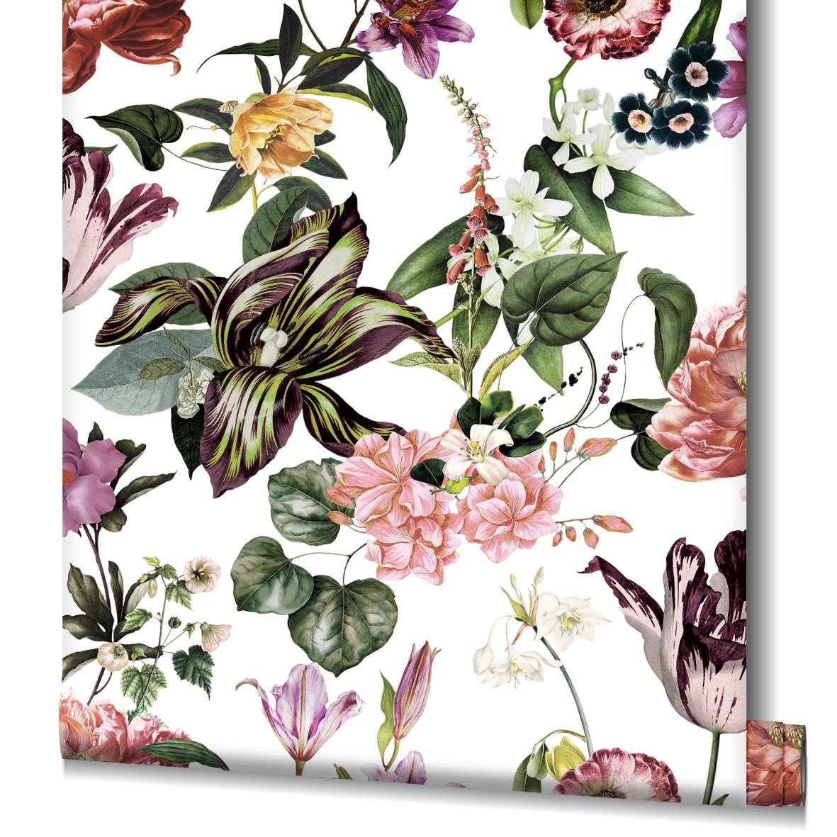 Behang, vliesbehang Flora wit, roze