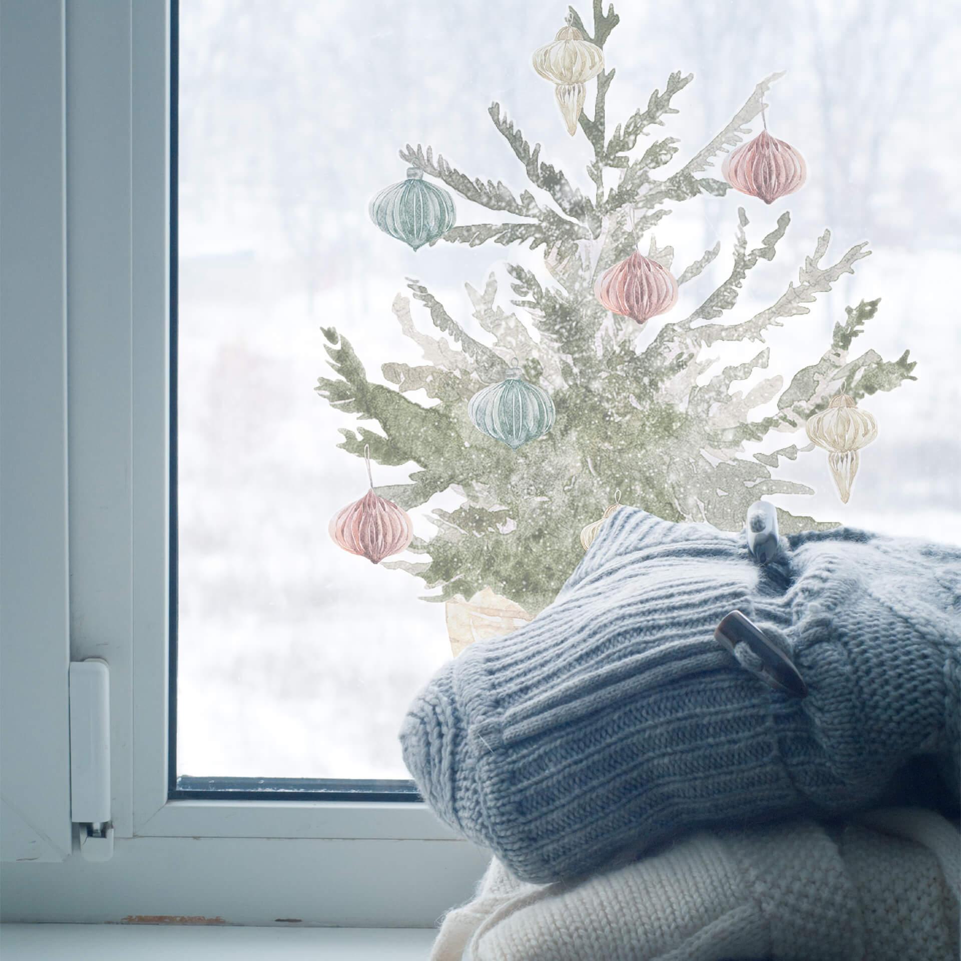 Cuadro de ventana árbol de Navidad decorado azul-rojo-dorado