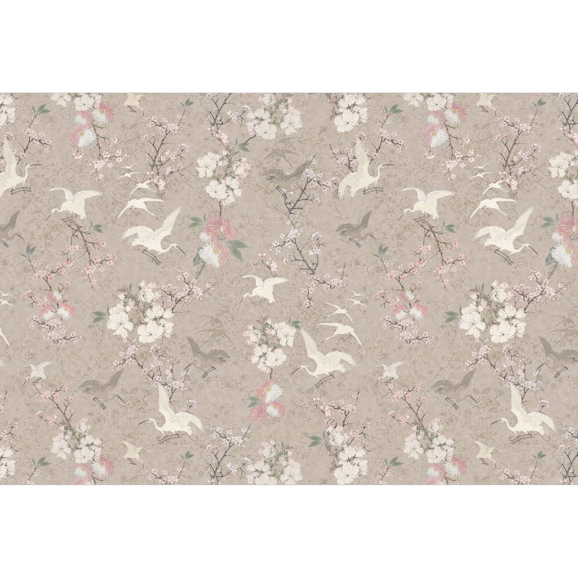 Fototapet med fugle Japandi | Traner i kirsebærblomst Rush Beige - Bloomery Decor
