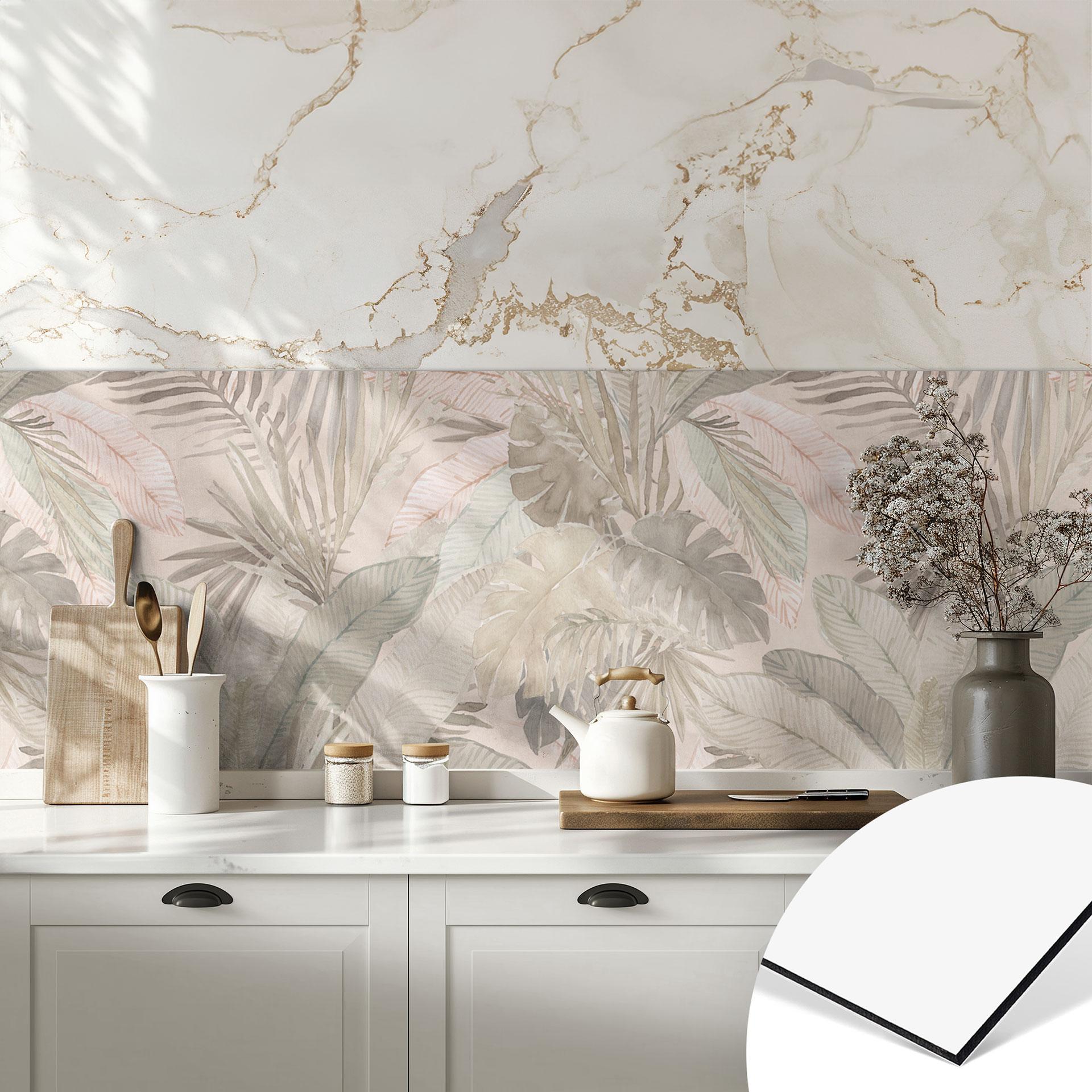 Stænkplade til køkken med tropiske blade i pastelfarvet jungle - Bloomery Decor
