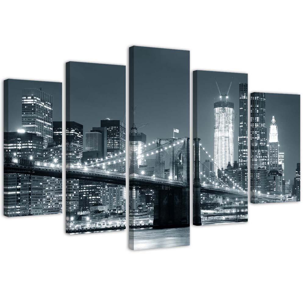 5 stykke lærredstryk New York Bridge sort og hvid