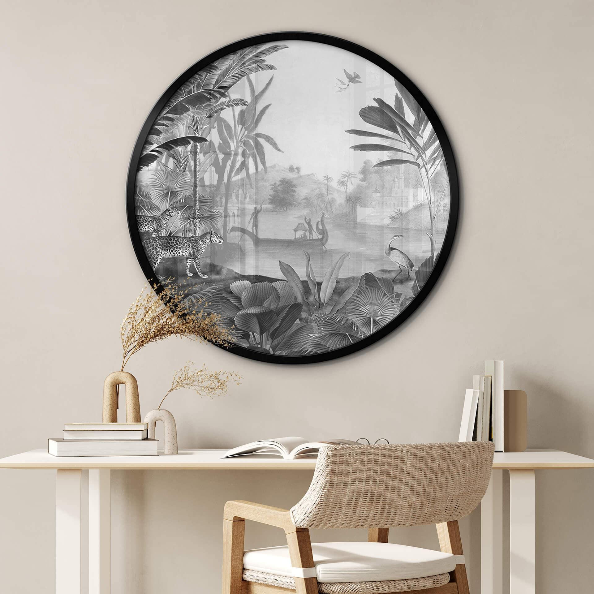 Póster Sir Edward - Paisaje con leopardos blanco y negro - Redondo