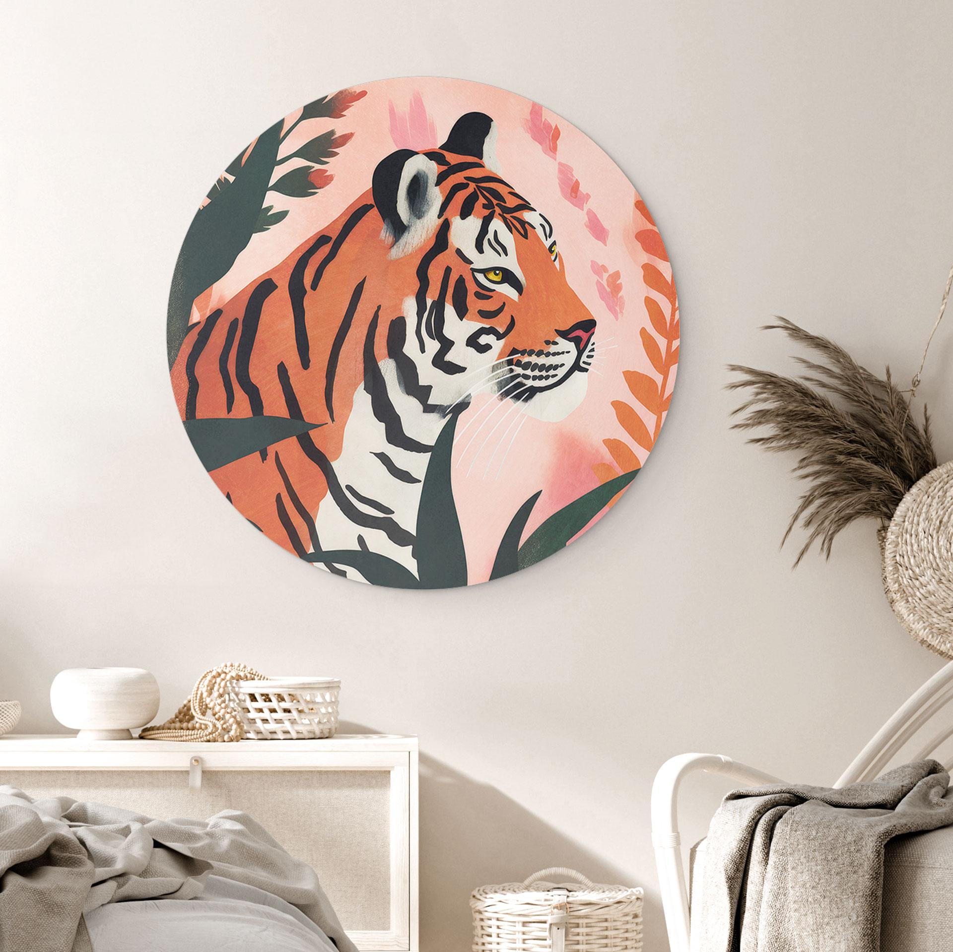 Vægcirkel Tiger i en lyserød jungle - Treechild – print på aluminium (Alu-Dibond)