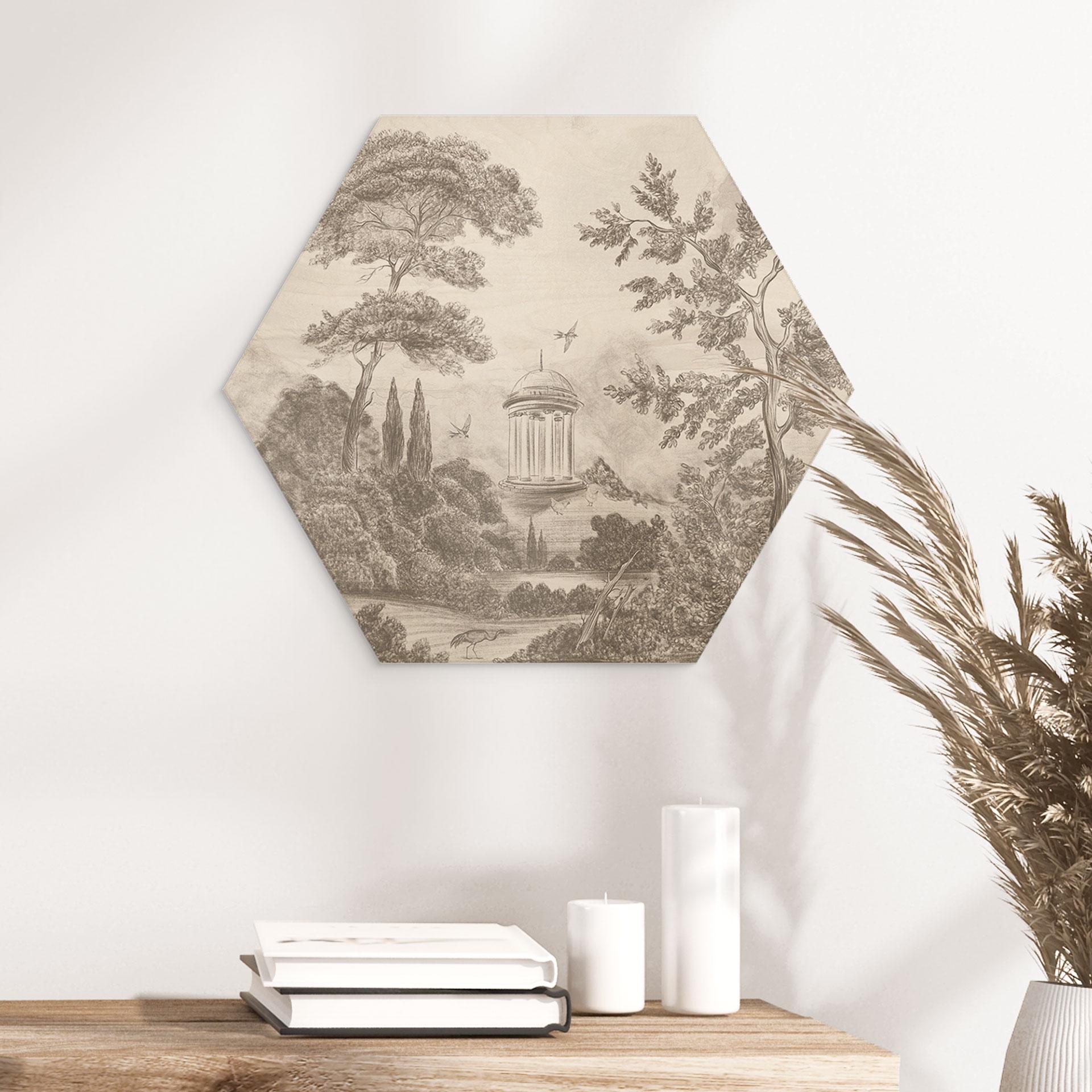Hexagon Holzbild Landschaft mit Gartenlandschaft in Beige - Ms Tiff