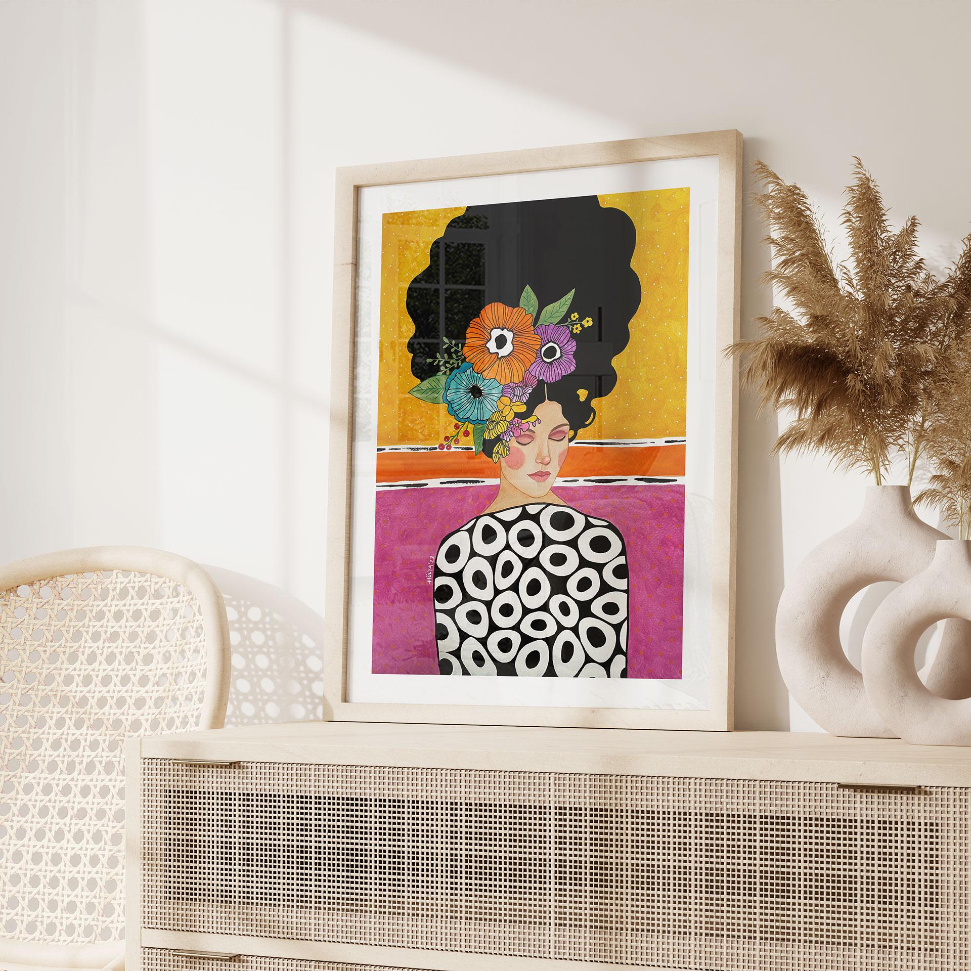 Portrætmaleri på plakat - Kvinde med farverig blomsterkrone - Hülya