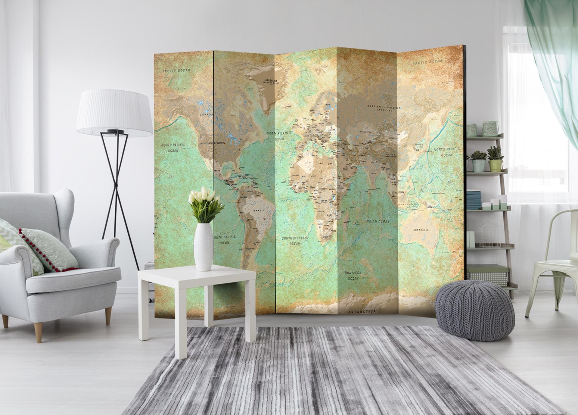 Divisorio per sala - Mappamondo turchese, 5 pezzi - 225x172 cm