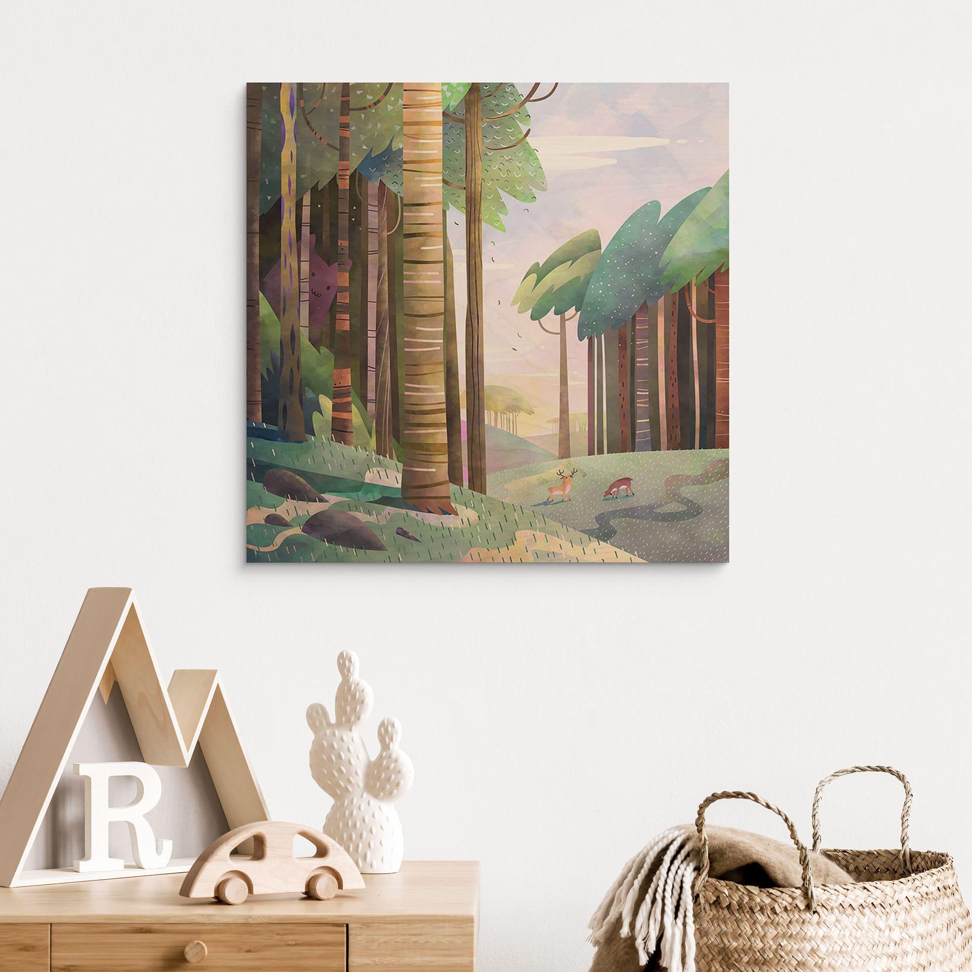 Billede af træ Solrig skov med hjorte - DigitalArtsi