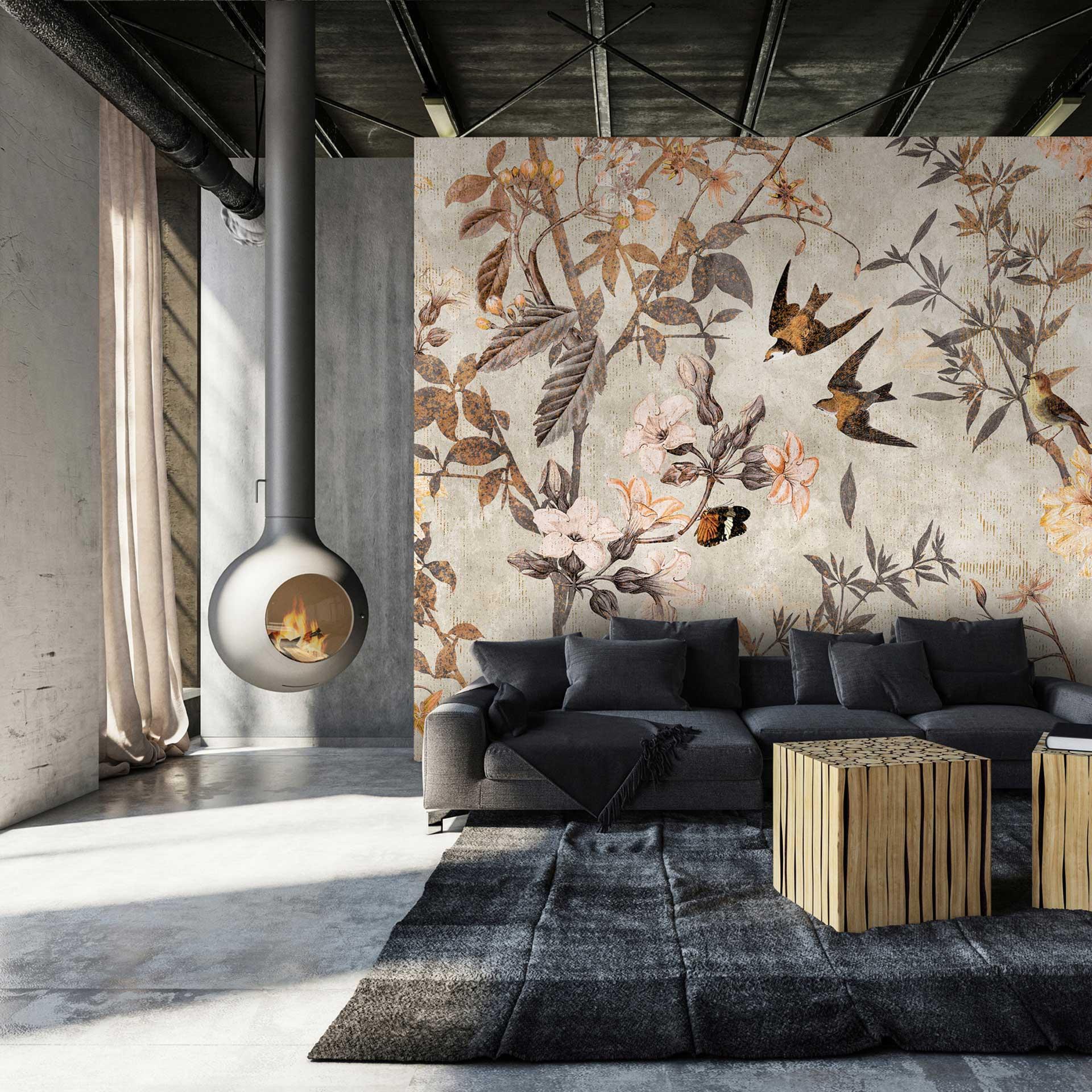 Botanisk fototapet med fugle - Antikt non-woven tapetdesign