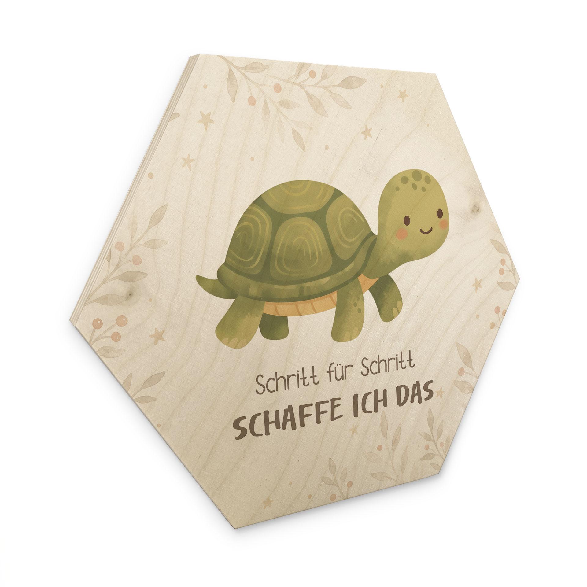 Holzbild Hexagon mit Schildkröte - kindgerechte Affirmation 'Schritt für Schritt schaffe ich das'