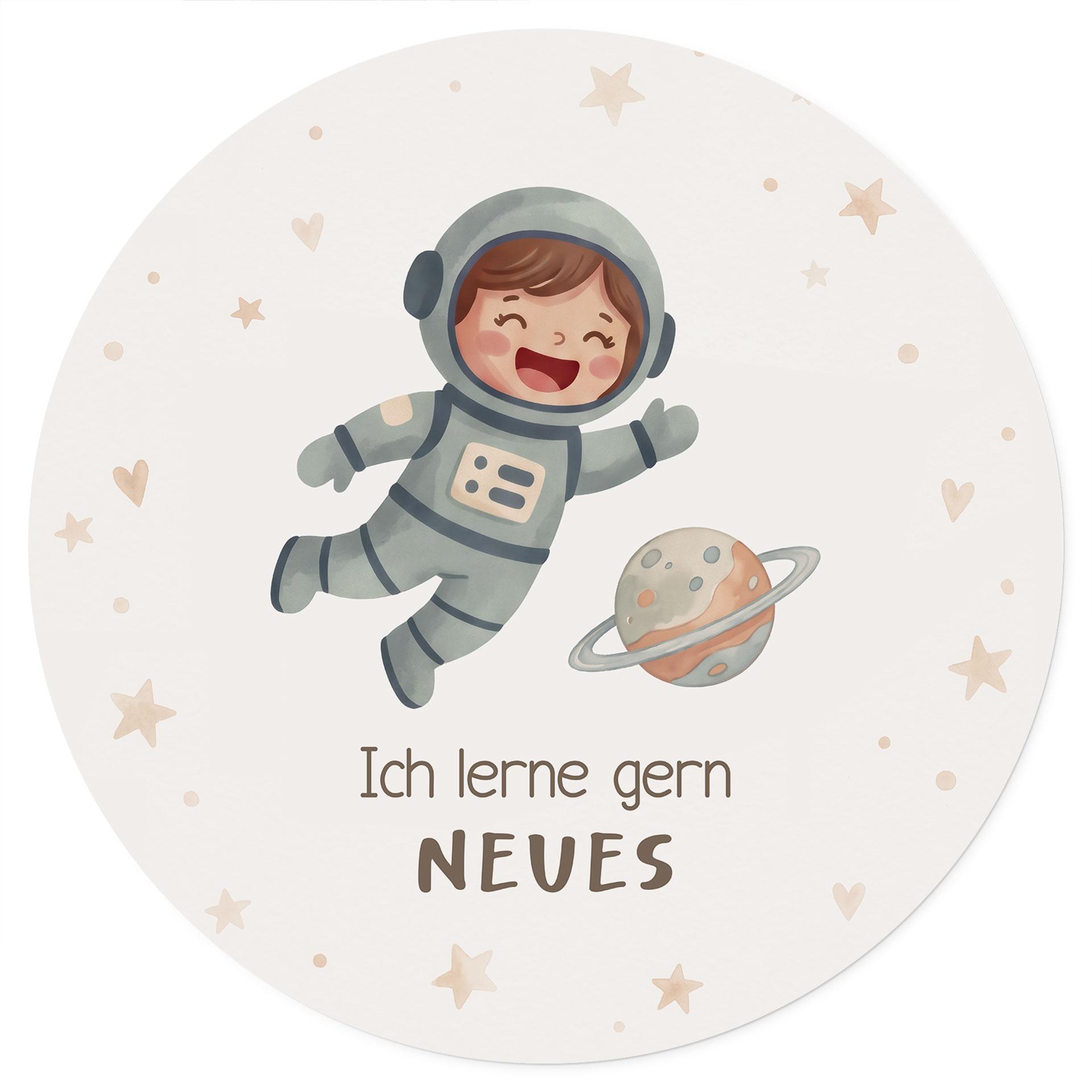 Rundes Wandtattoo mit Astronautin - Kraftsatz 'Ich lerne gern Neues' fürs Kinderzimmer