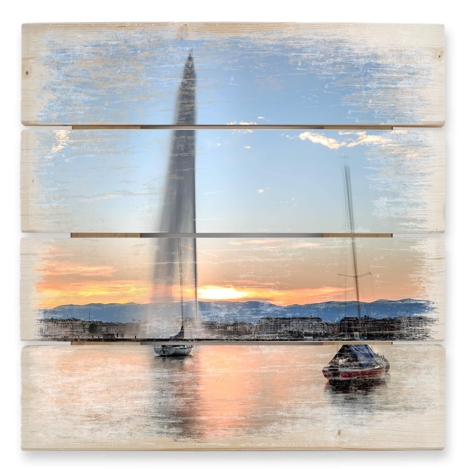 Cuadro de madera fuente de agua en la puesta de sol de Ginebra - 40x41,5 cm