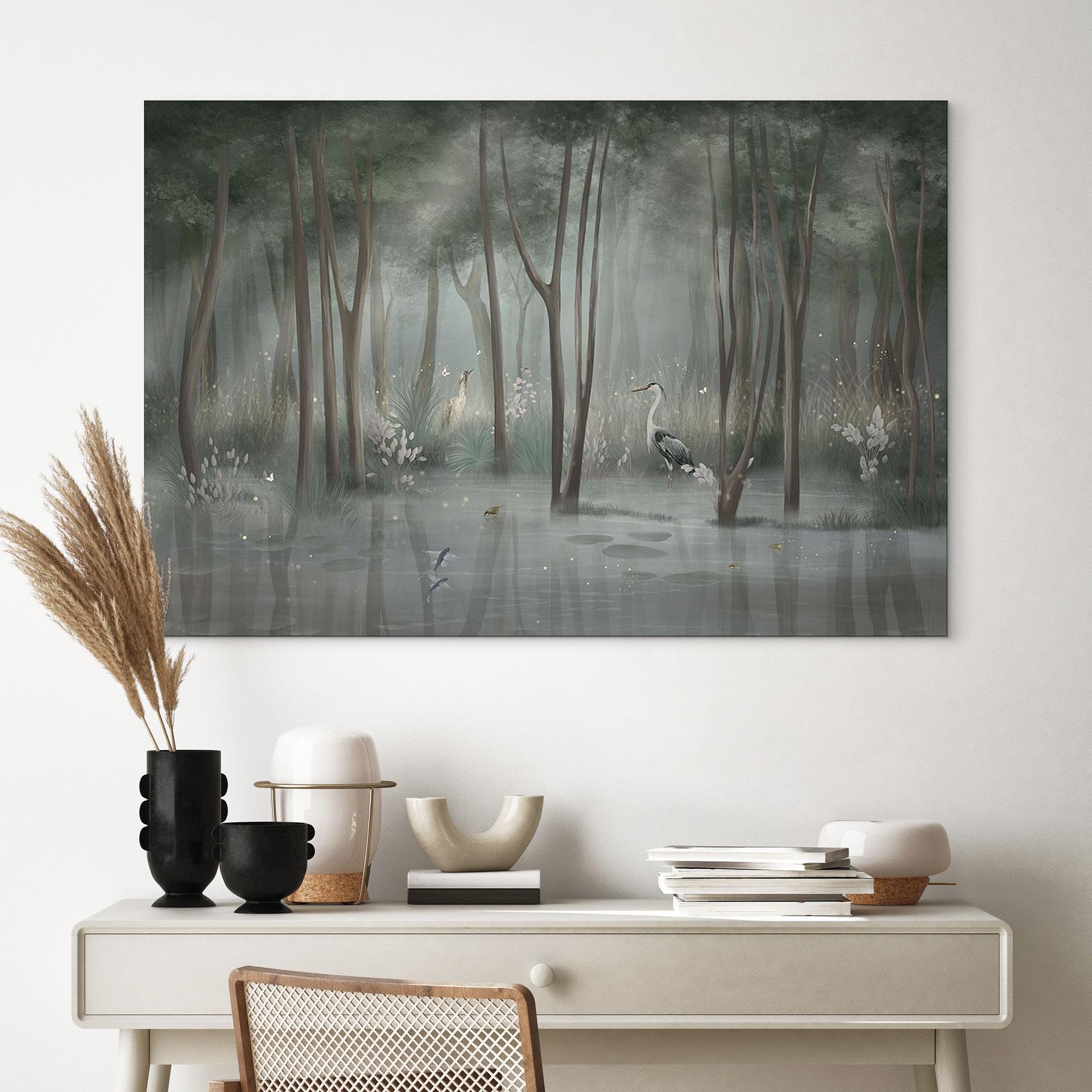 Wandbild Nebelwald am See mit Reiher in Grün - Ms Tiff - Alu-Dibond