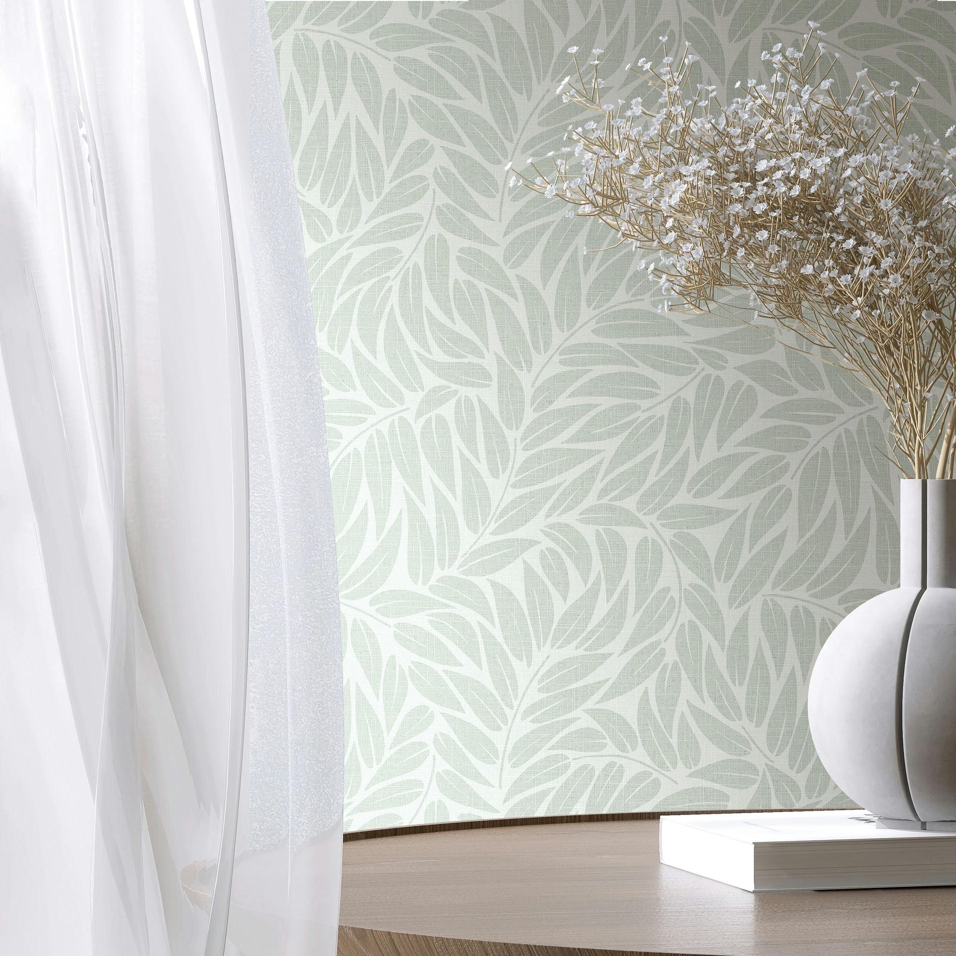 Vliesbehang bladeren bloem natuur mat in groen