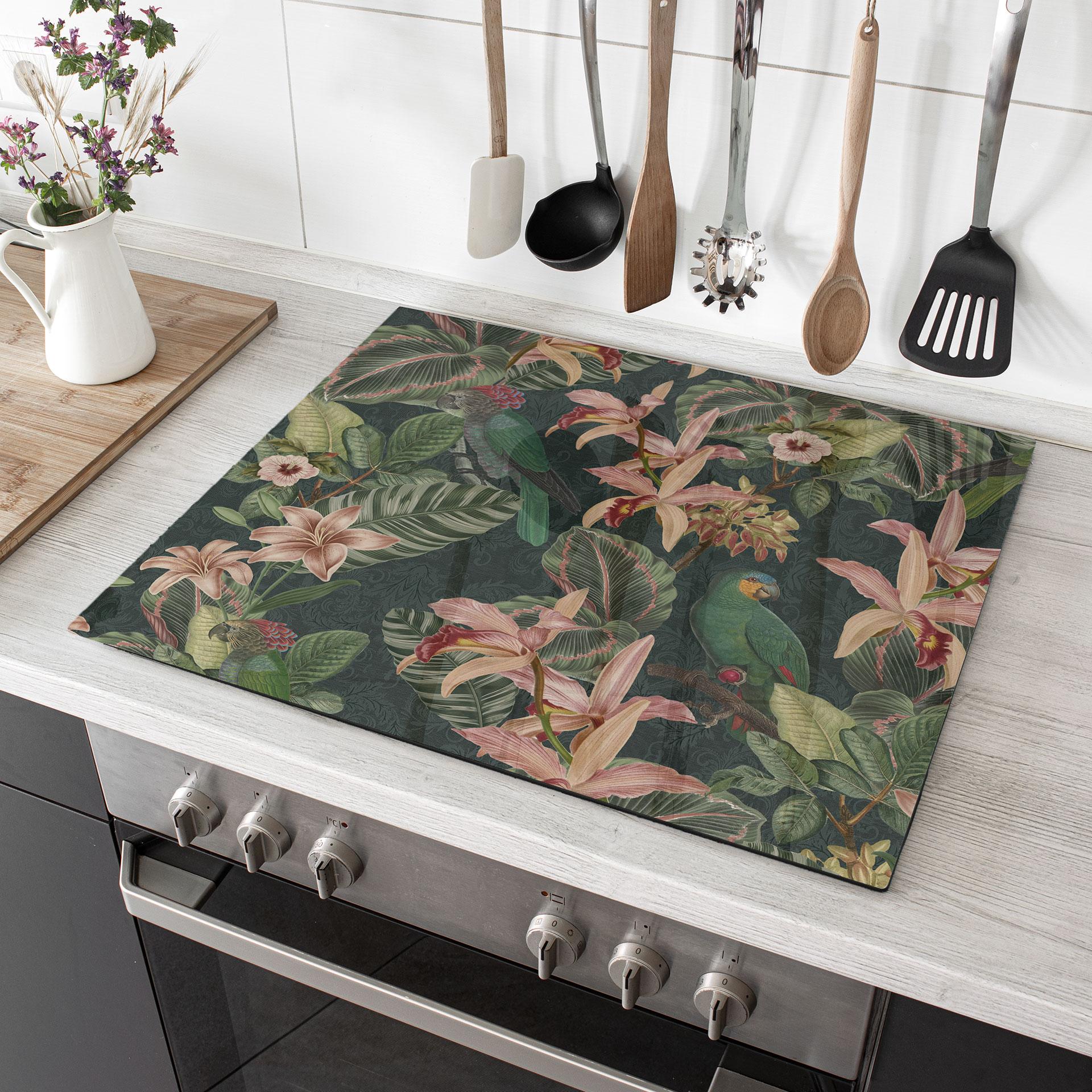 Kogeplade jungle med papegøjer natgrøn - Bloomery Decor