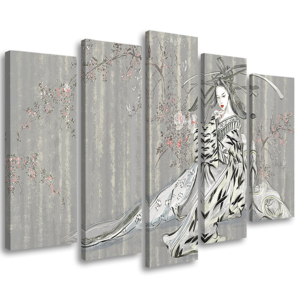 5 stykke lærredstryk, traditionel japansk geisha