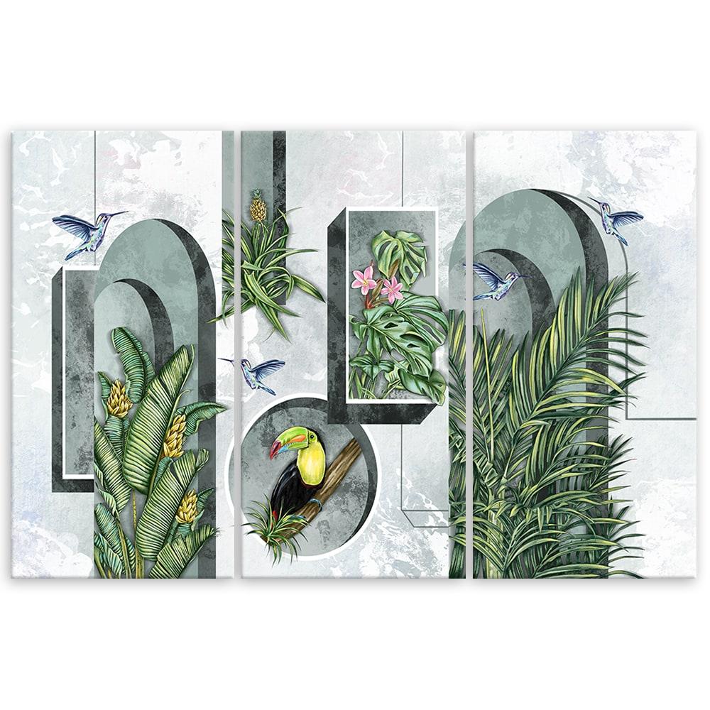 Lærred print 3 stykker, former i væggen med planter og fugle Toucan Koliber