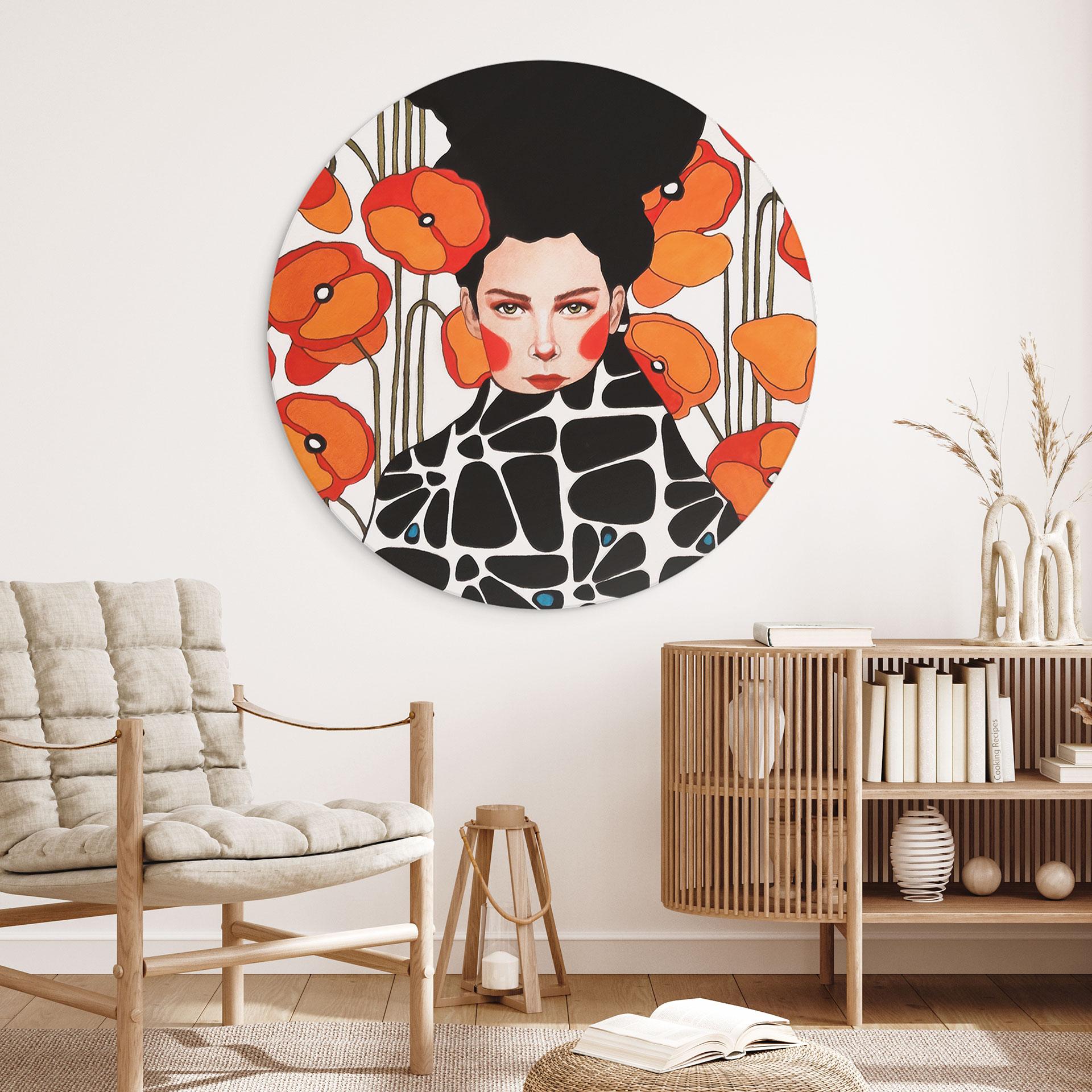 Billede Kvinde med retro valmueblomster - Hülya - rund – print på aluminium (Alu-Dibond)