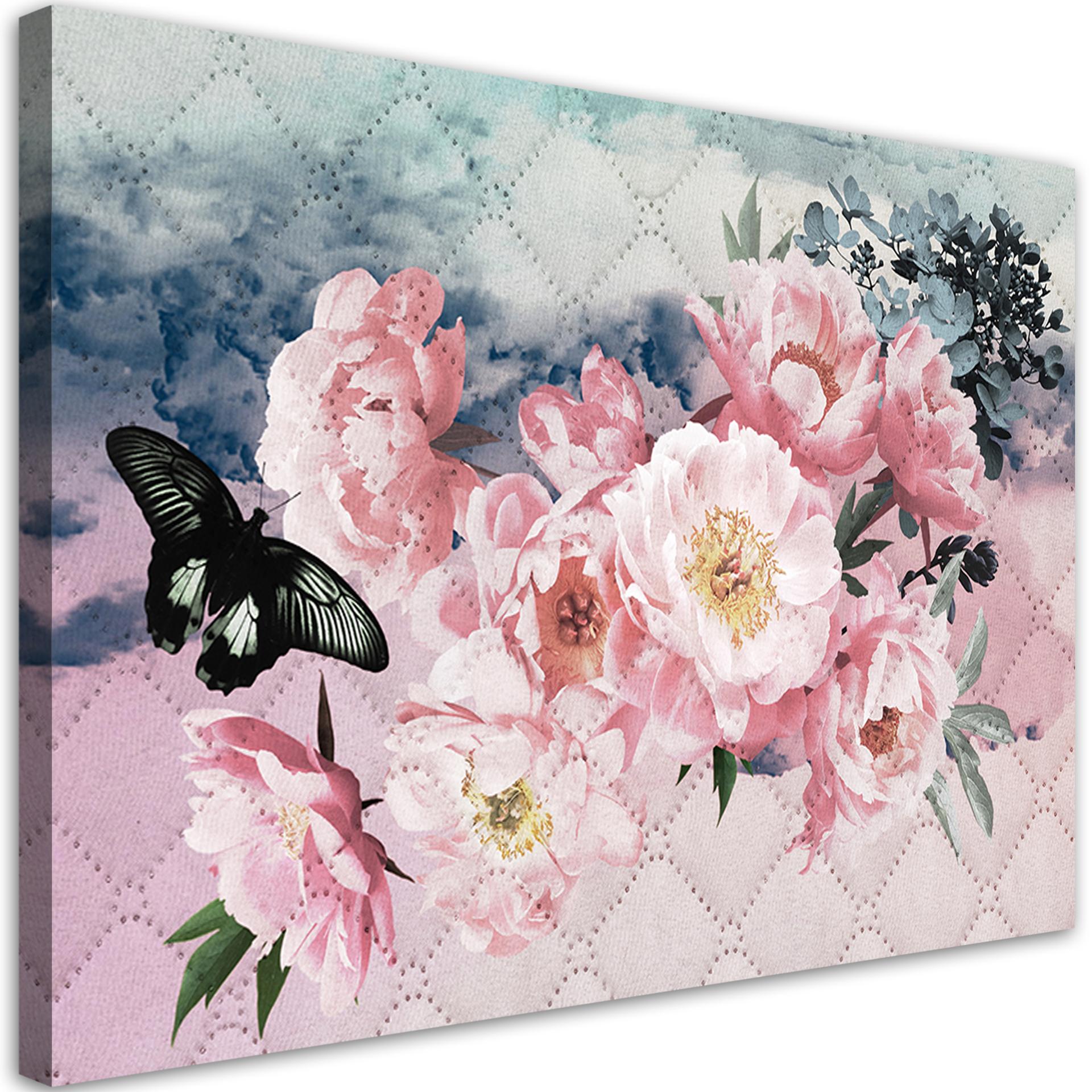 Canvasbillede, Lyserøde blomster og sommerfugl