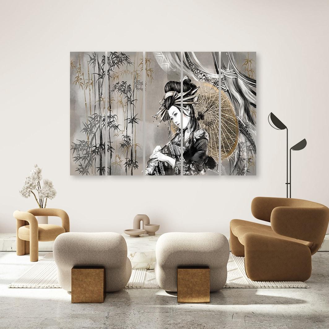 Lærred print 5 dele, geisha og bambus