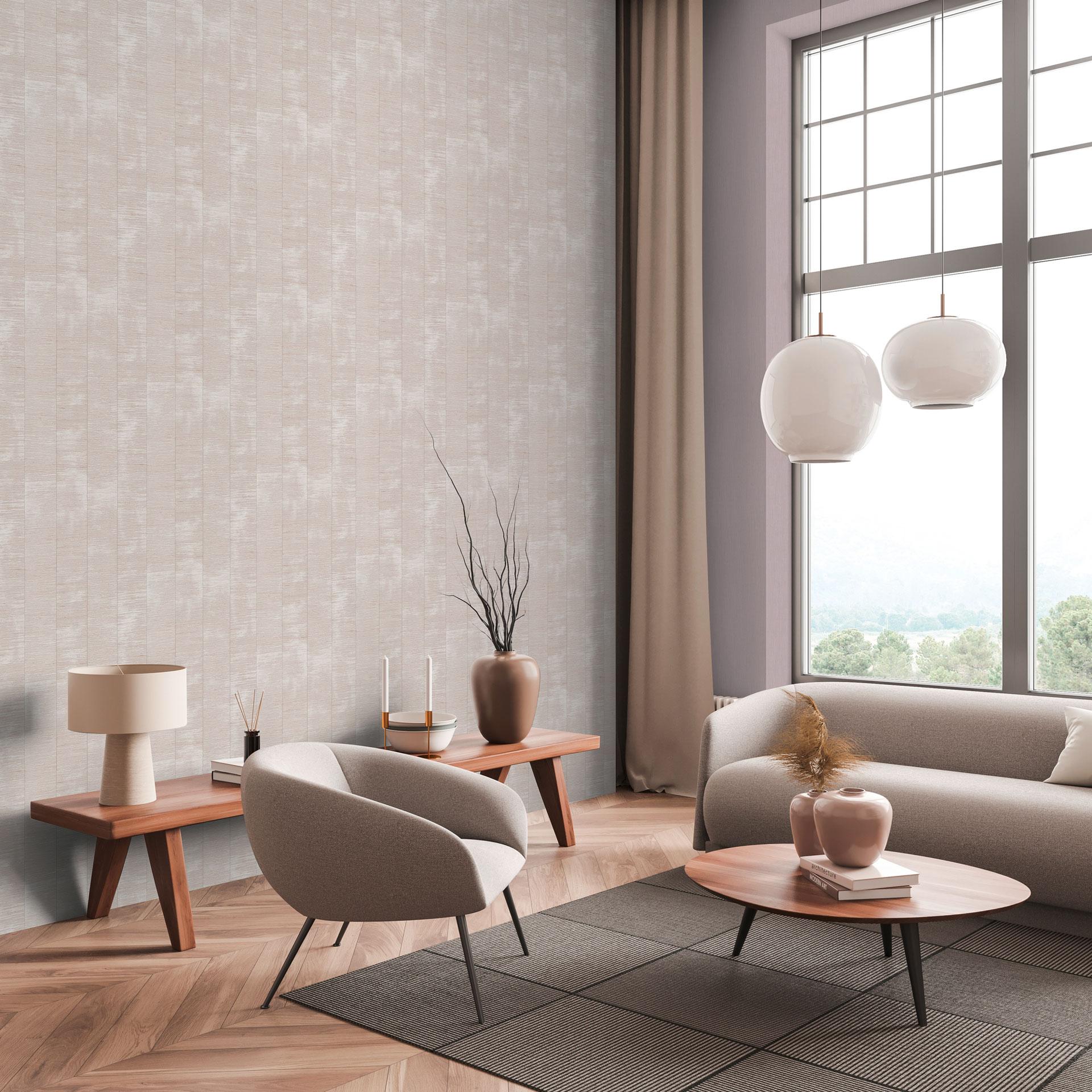 Struktureret tapet med striber beige creme - lodret raffia-look - Ikke-vævet tapet