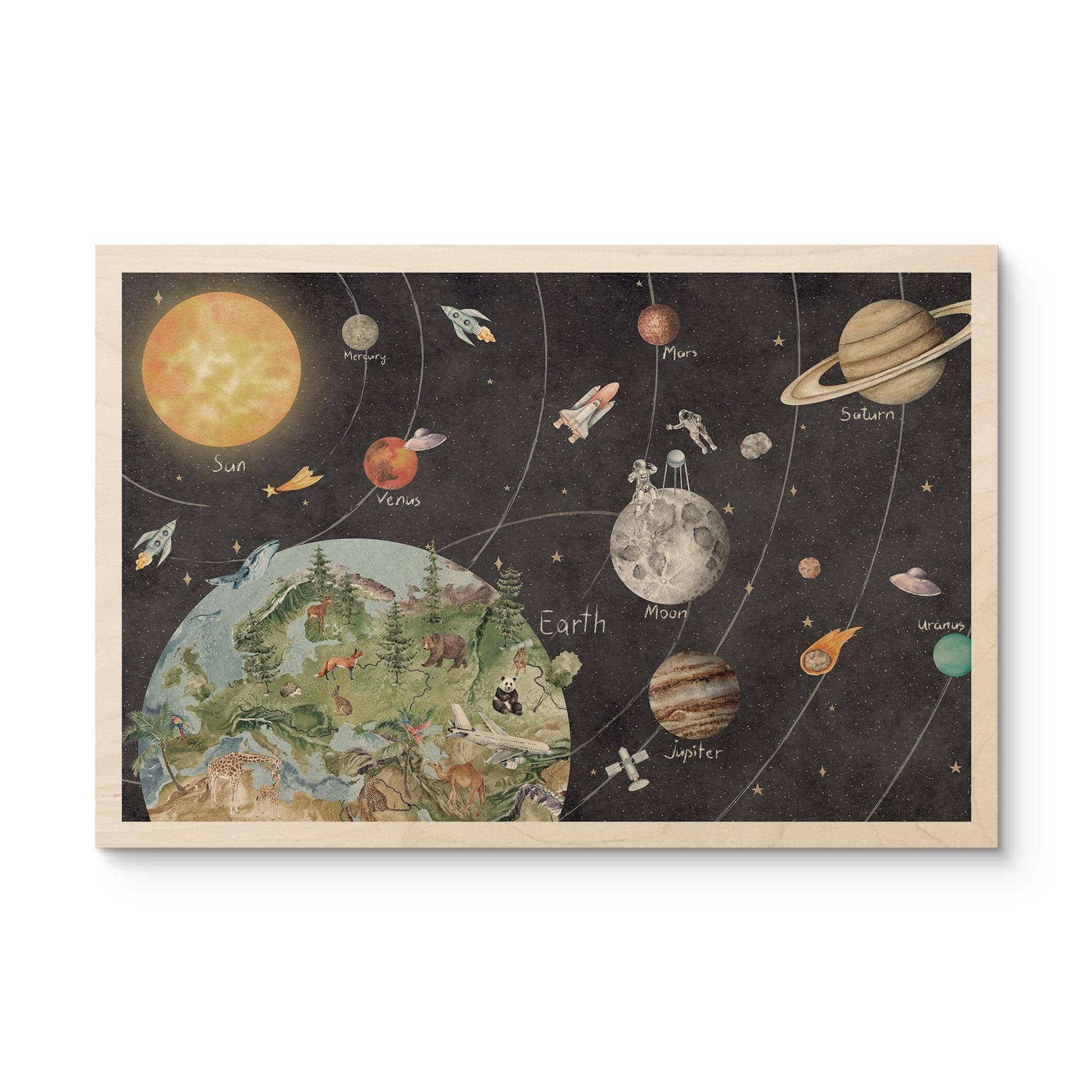 Houten Wanddecoratie zonnestelsel met planeten en aarde - Ms Tiff