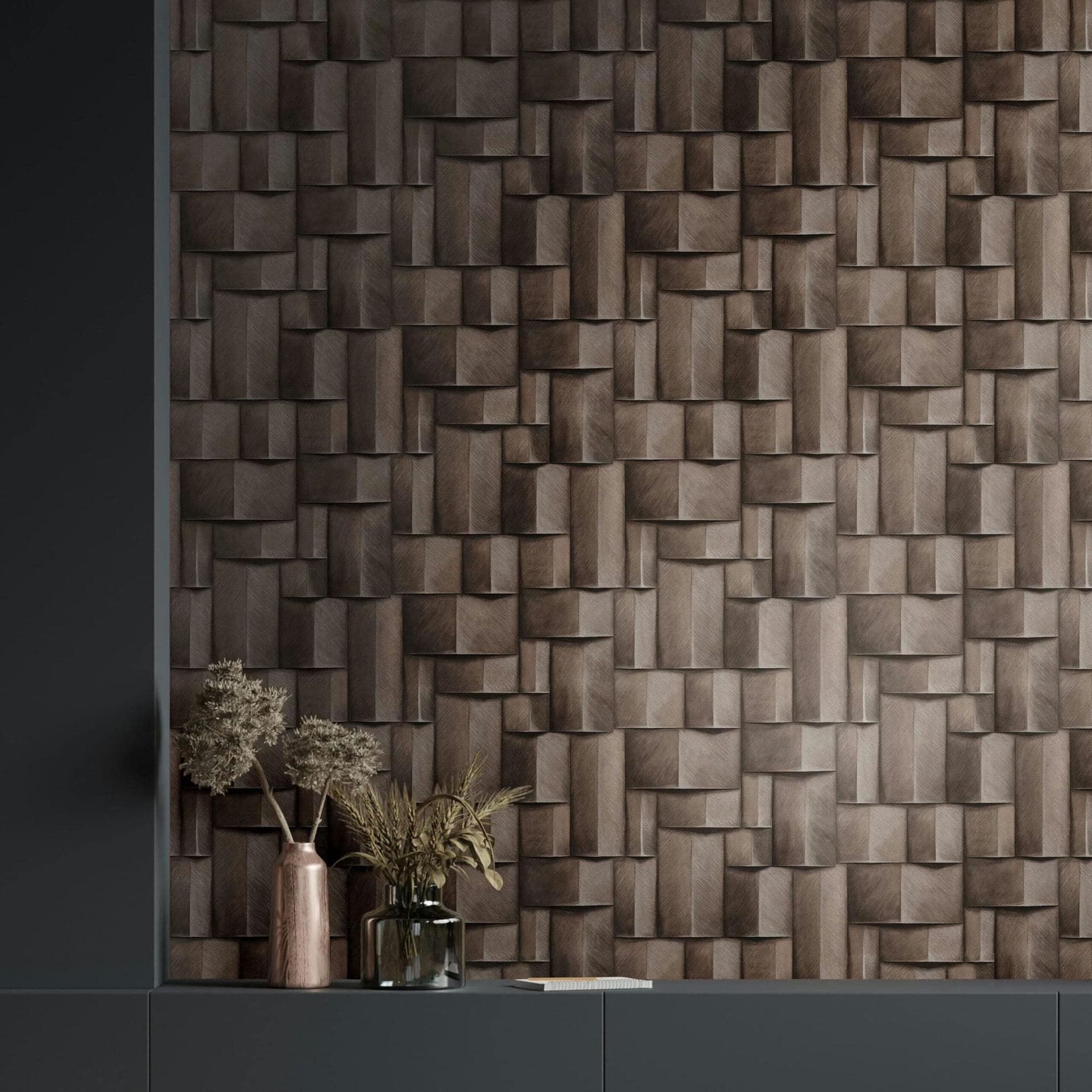 Non-woven tapet med træmotiv geometrisk grå, brun 3D-look