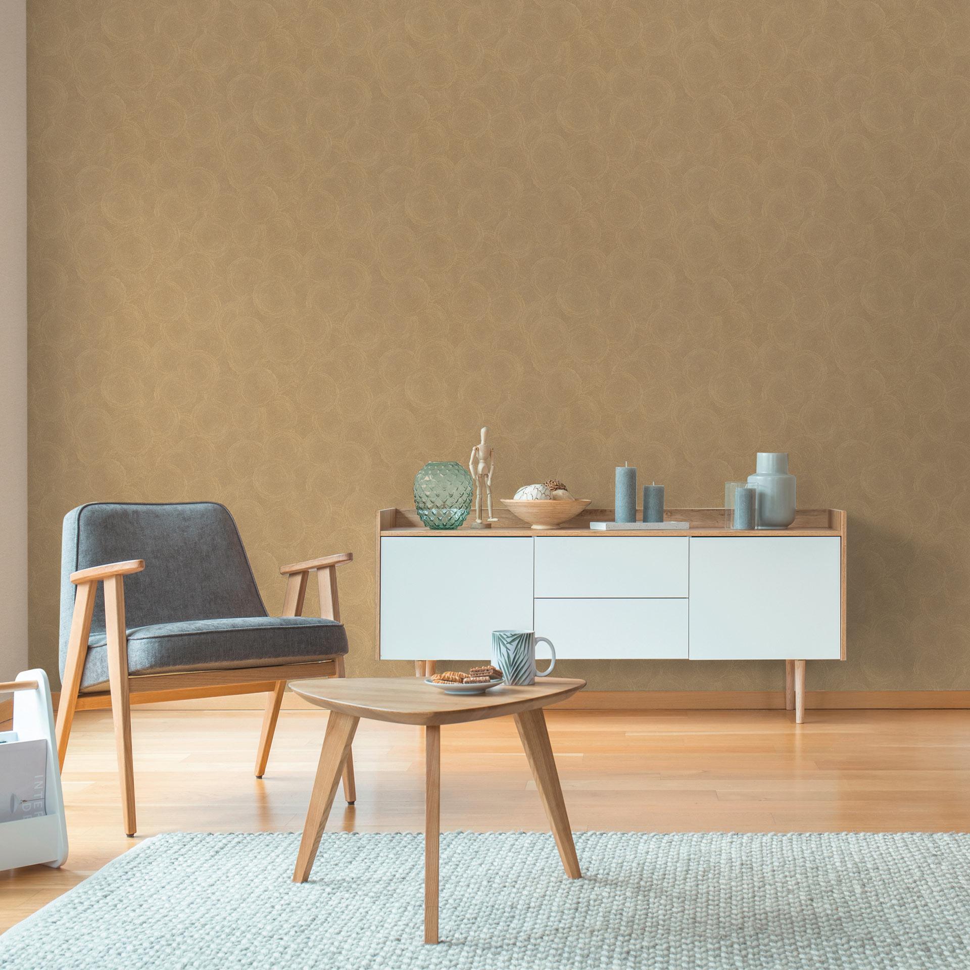 3D tapet cirkelmønster brun gul - Ikke-vævet tapet struktureret med et moderne naturligt look