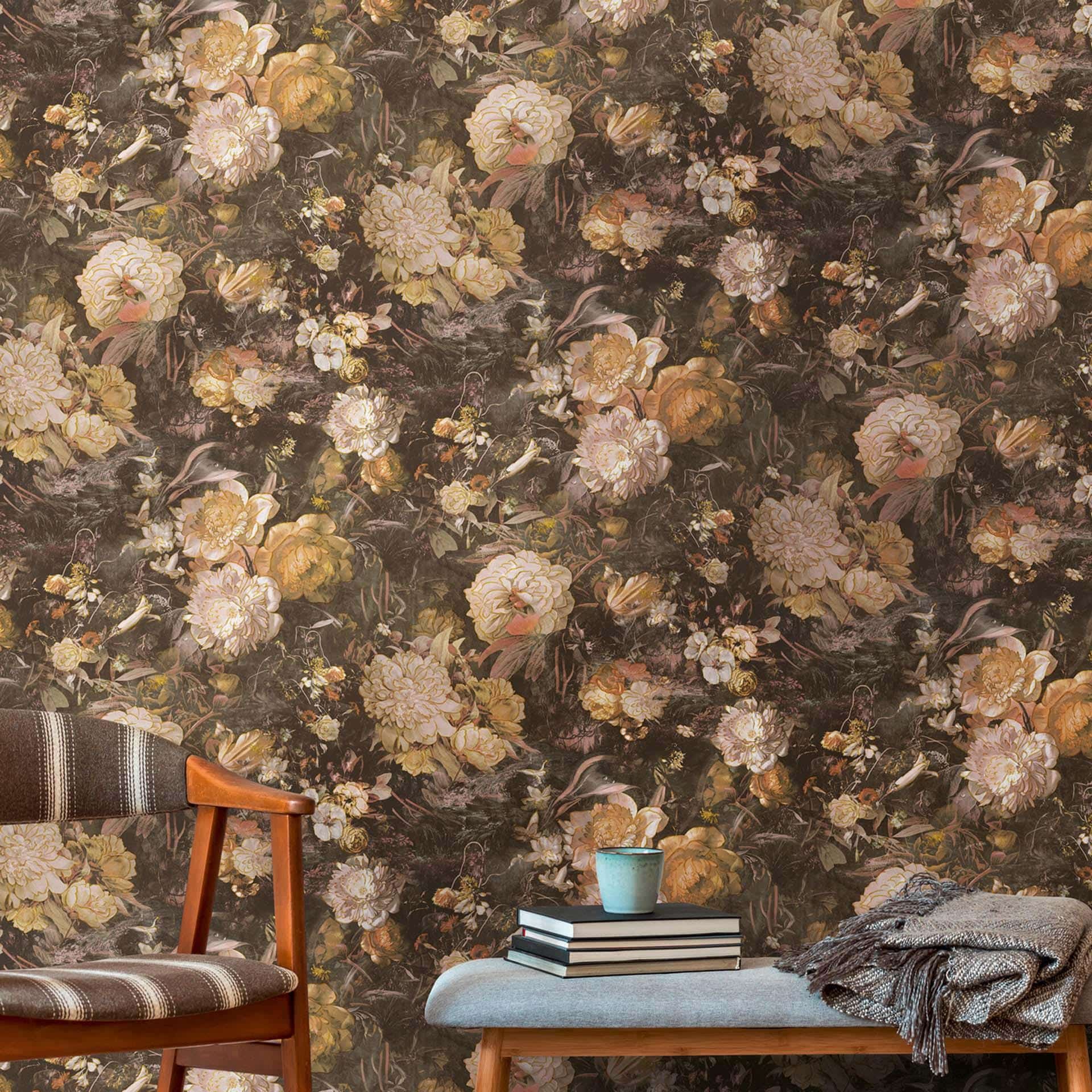 A.S. Création non-woven tapet BOS - blomstret tapet gul, orange, brun, grøn