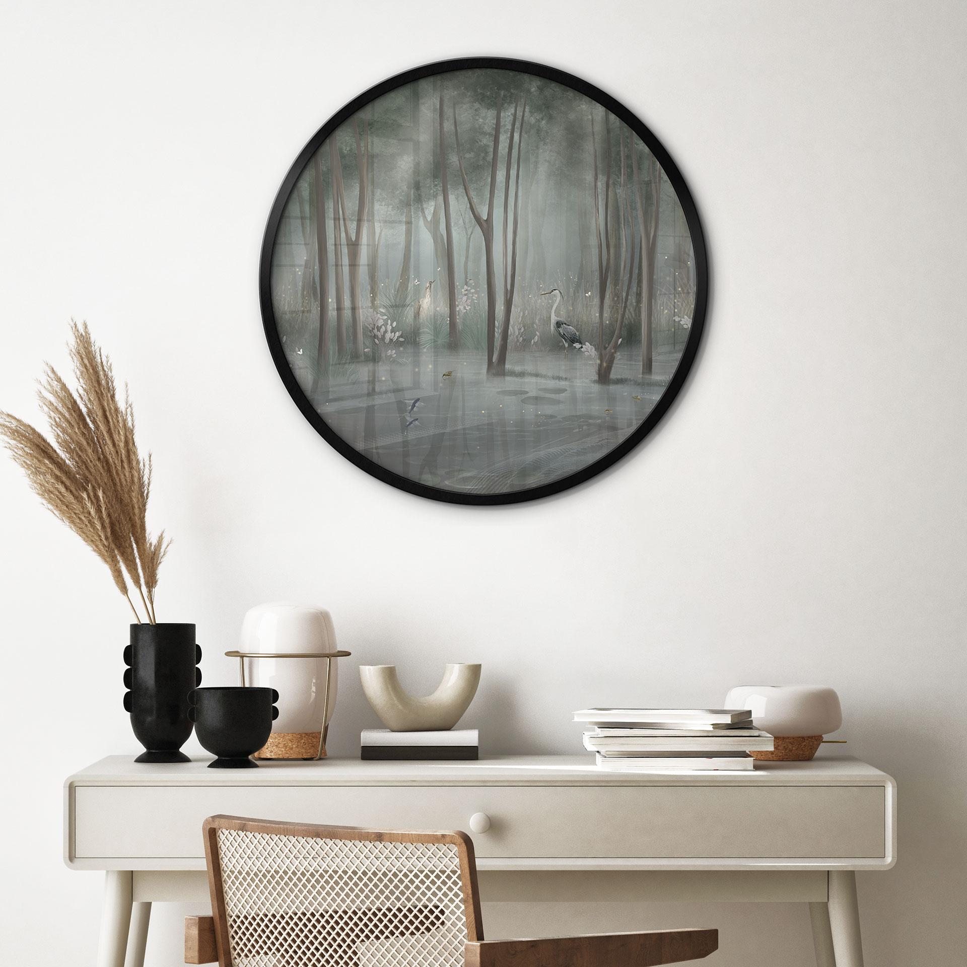 Poster Nebelwald am See mit Reiher in Grün - Ms Tiff - Rund
