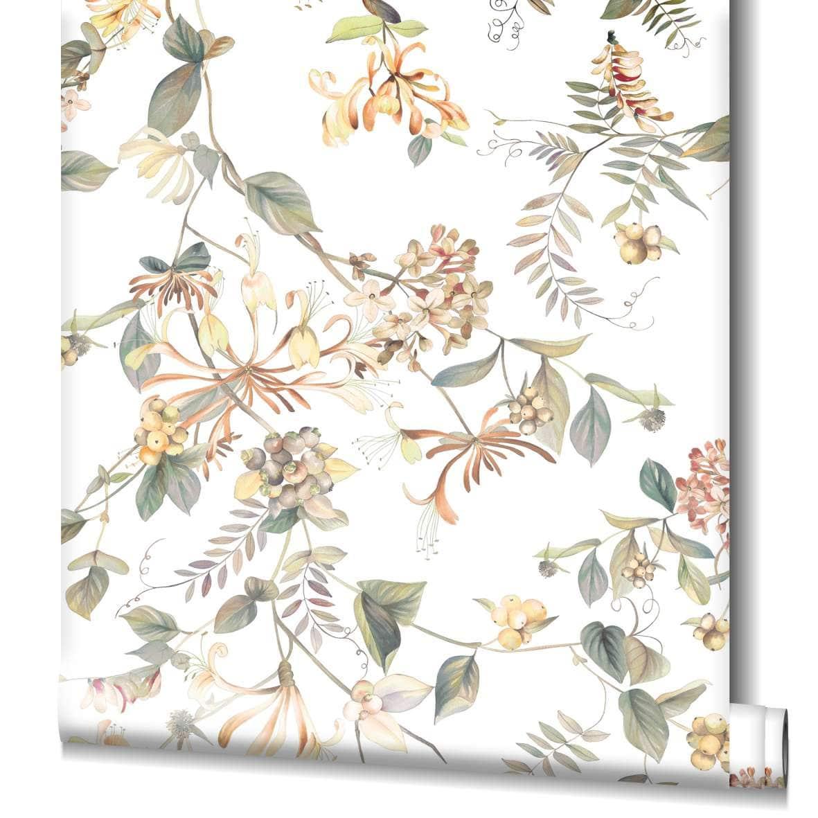 behang, vlies bloemen behang Flora wit, groen