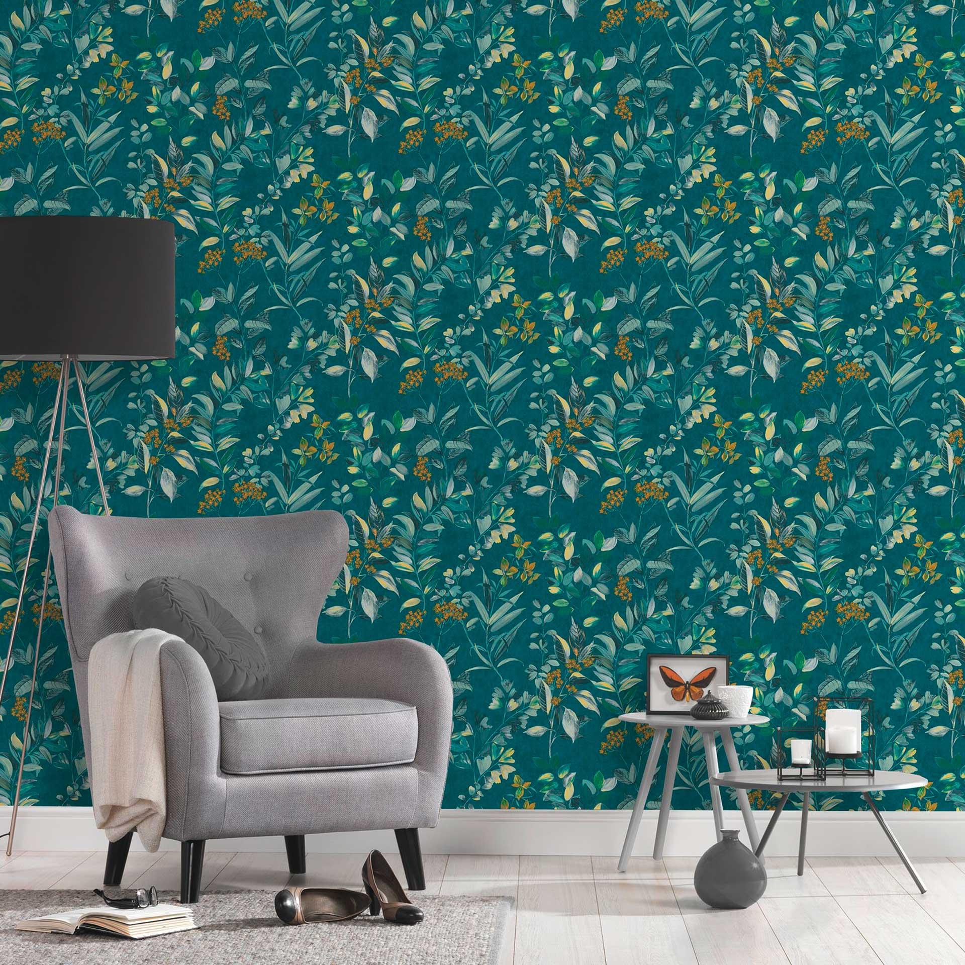 Blomstertapet med blomster blåfarvet - non-woven tapet blomst akvarel stil
