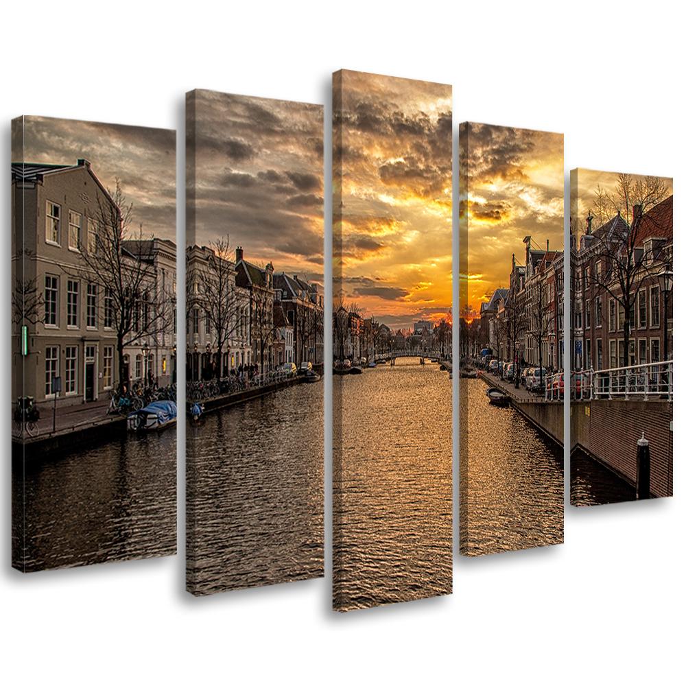 Lærredstryk 5 stykker, Amsterdam kanalhuse by