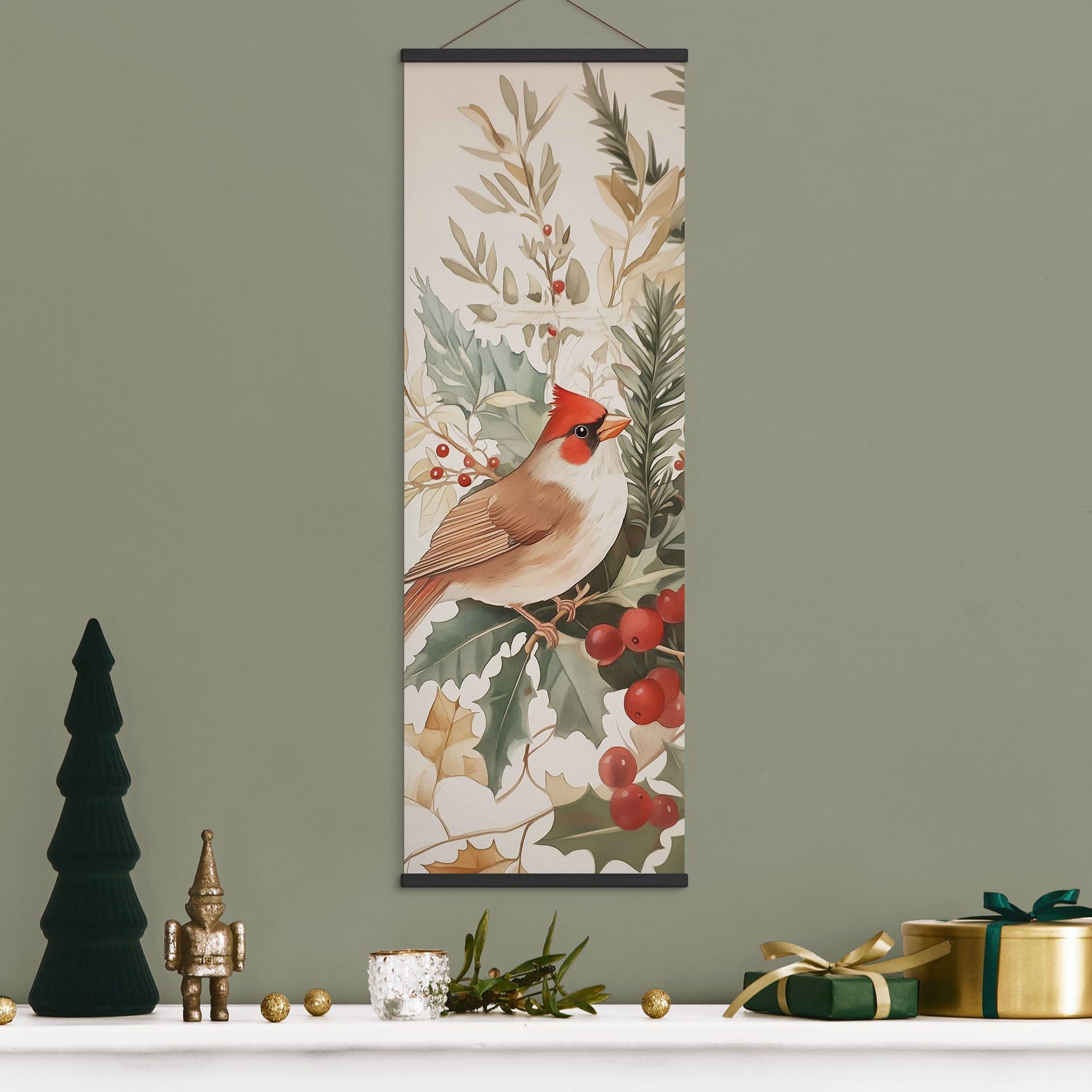 Póster de tela Muérdago - Pájaro cardenal con rama de bayas - Melloi Art Prints - Panorama