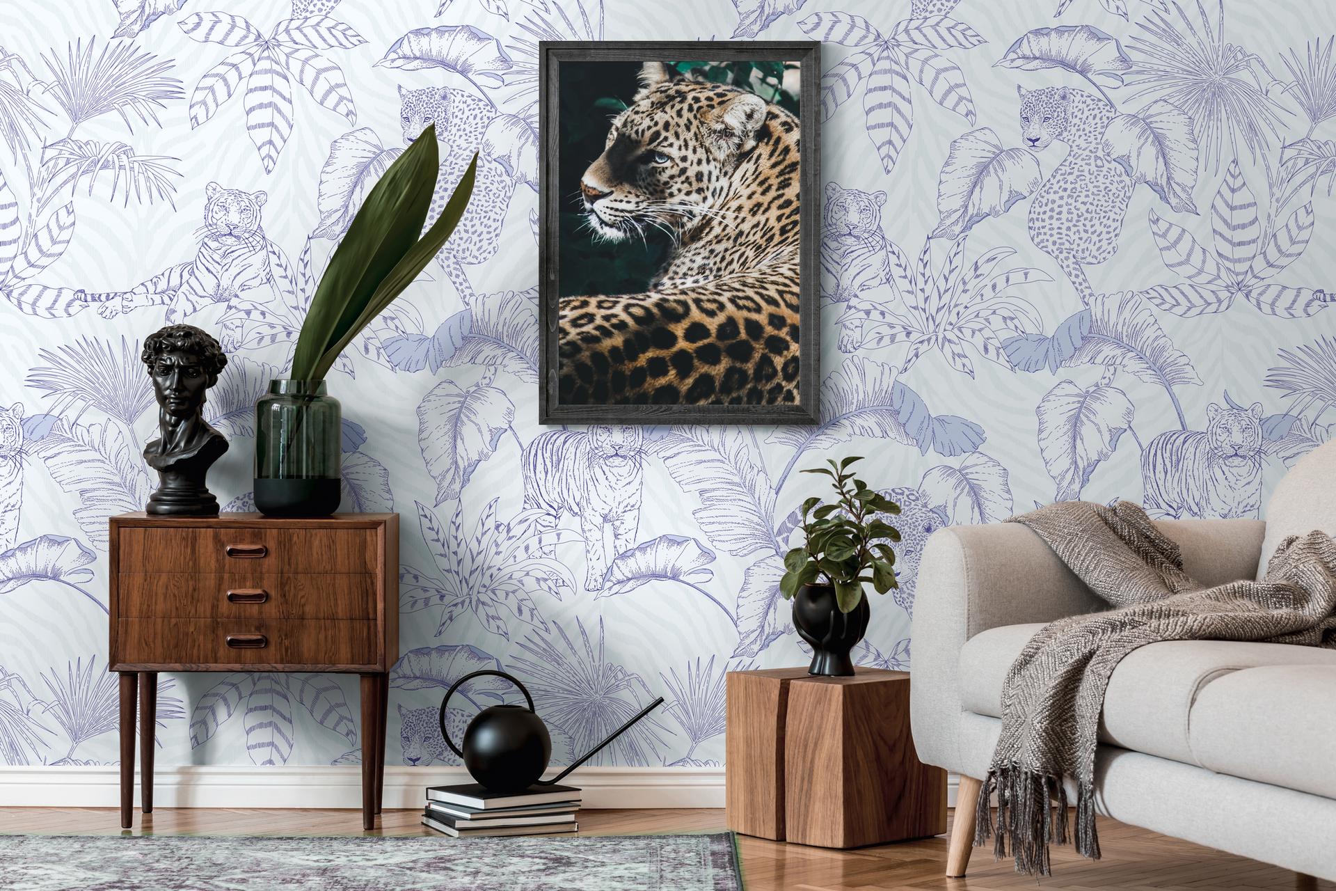 jungletapet lilla hvid - non-woven tapet botanisk Livingwalls - mat og glat