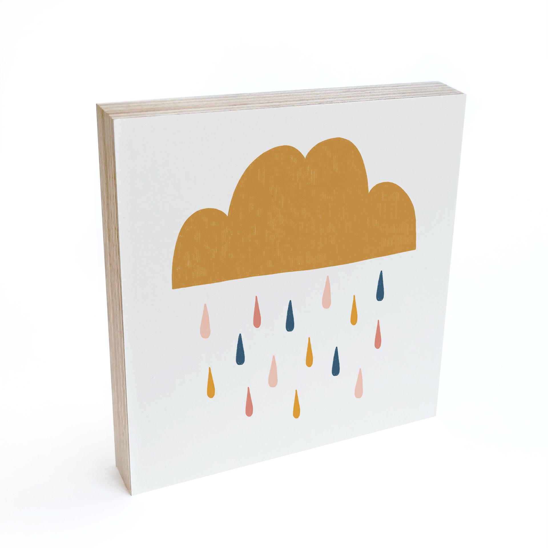 Billede af træ til at sætte op - Glad regn i pastelfarver | Børneværelse - Lisboa - 15x15 cm