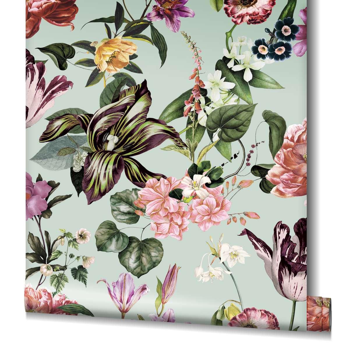 Behang, vliesbehang Flora groen, roze