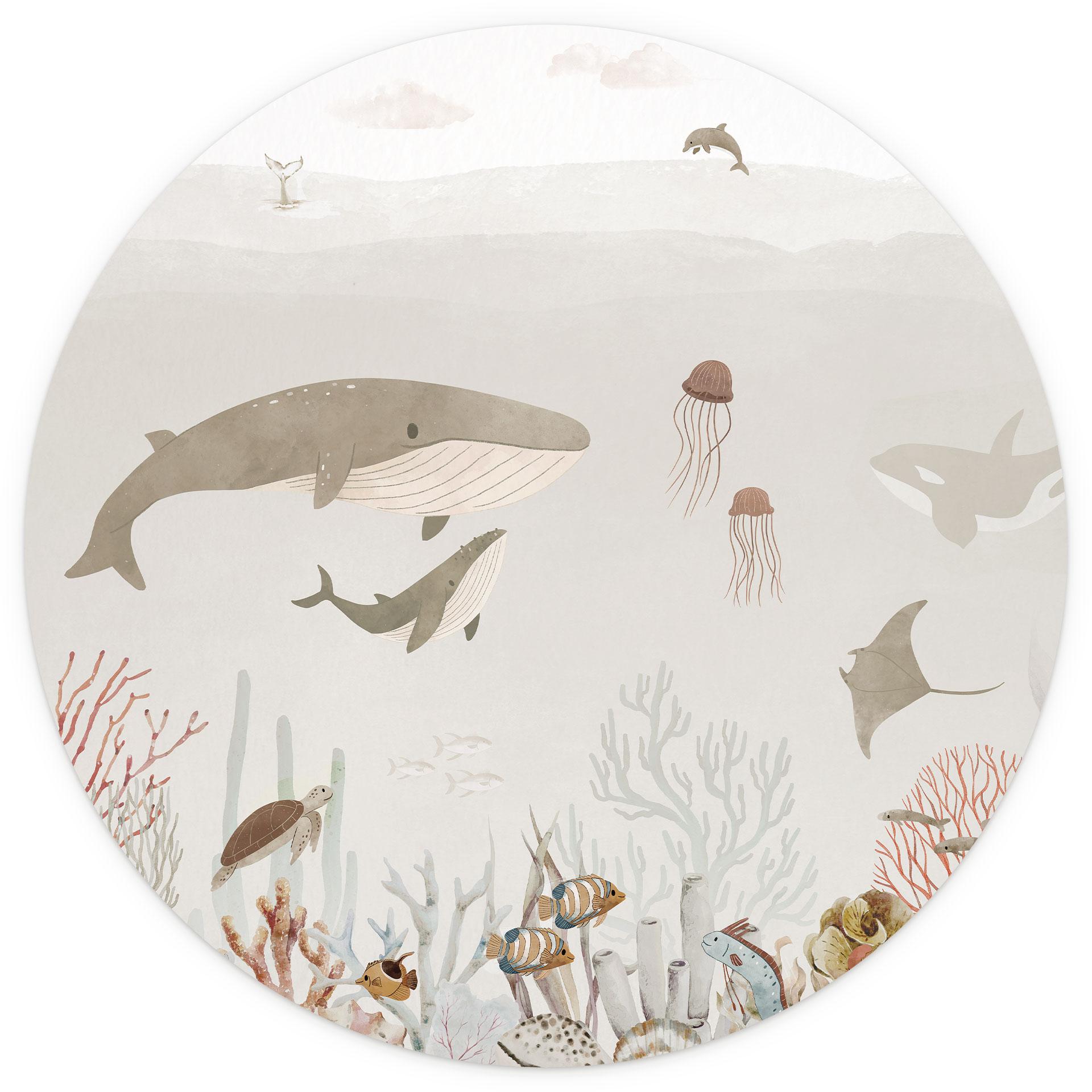Kinderbehang Walvissen en hun vrienden in de onderwaterwereld - Oliver Robins - Rond - vliesbehang/z
