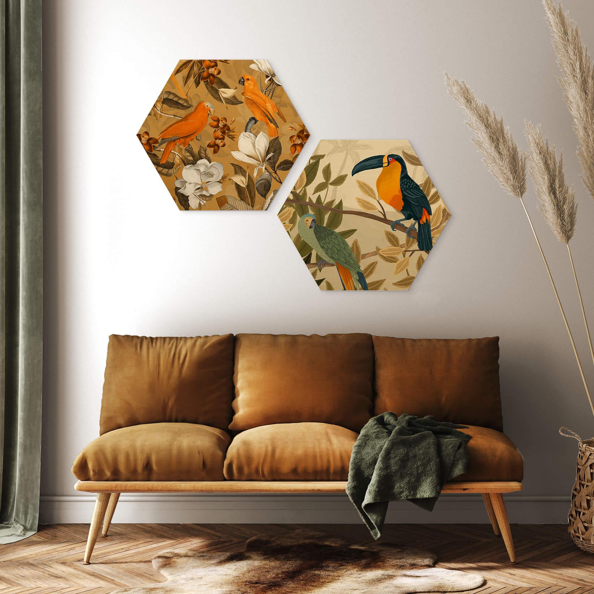 Hexagon Hout Goed Blauw - Vogels in een Paradijs