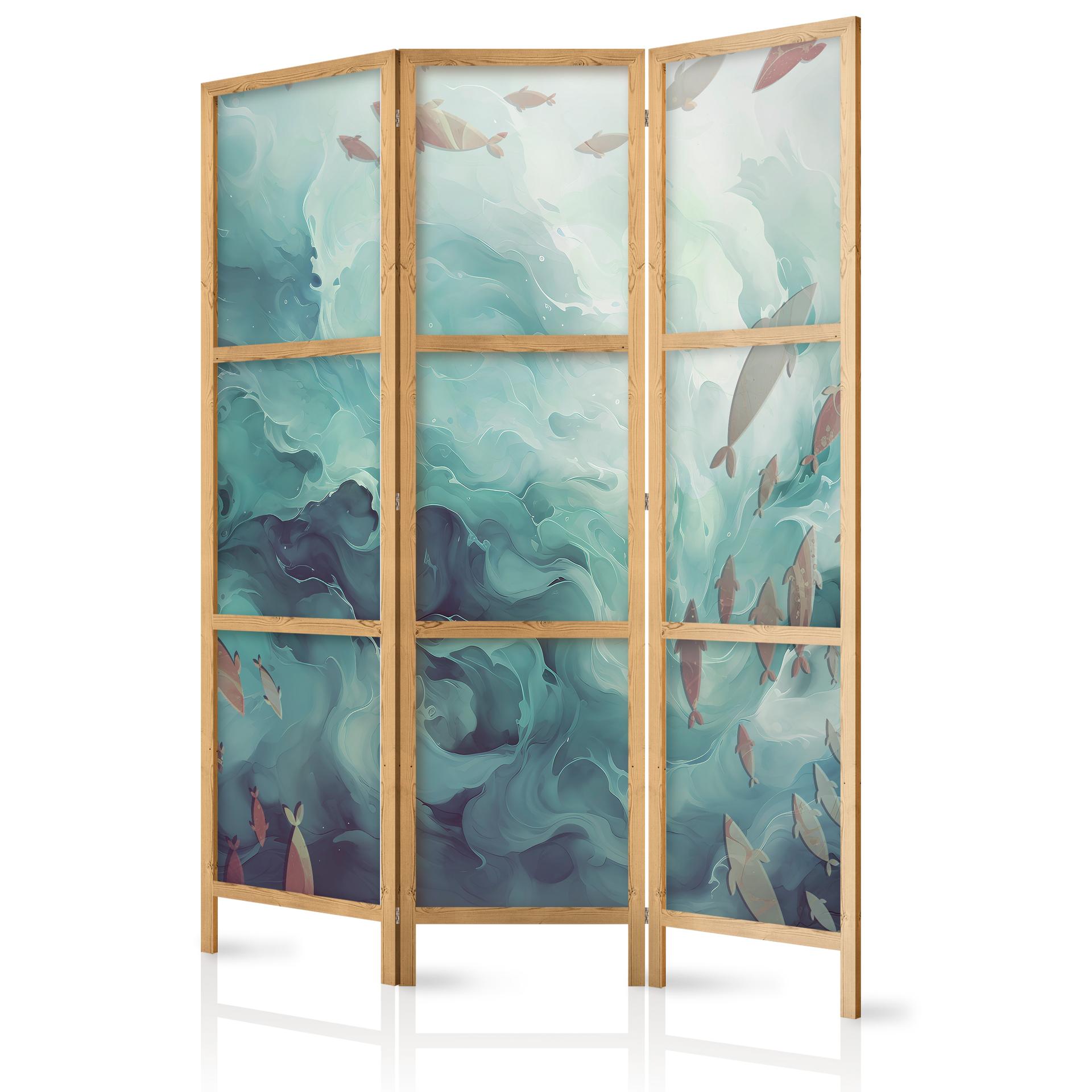 Japanischer Paravent, Raumteiler freistehend, Trennwand - Escaping Fish in Muted Colors Among Ocean
