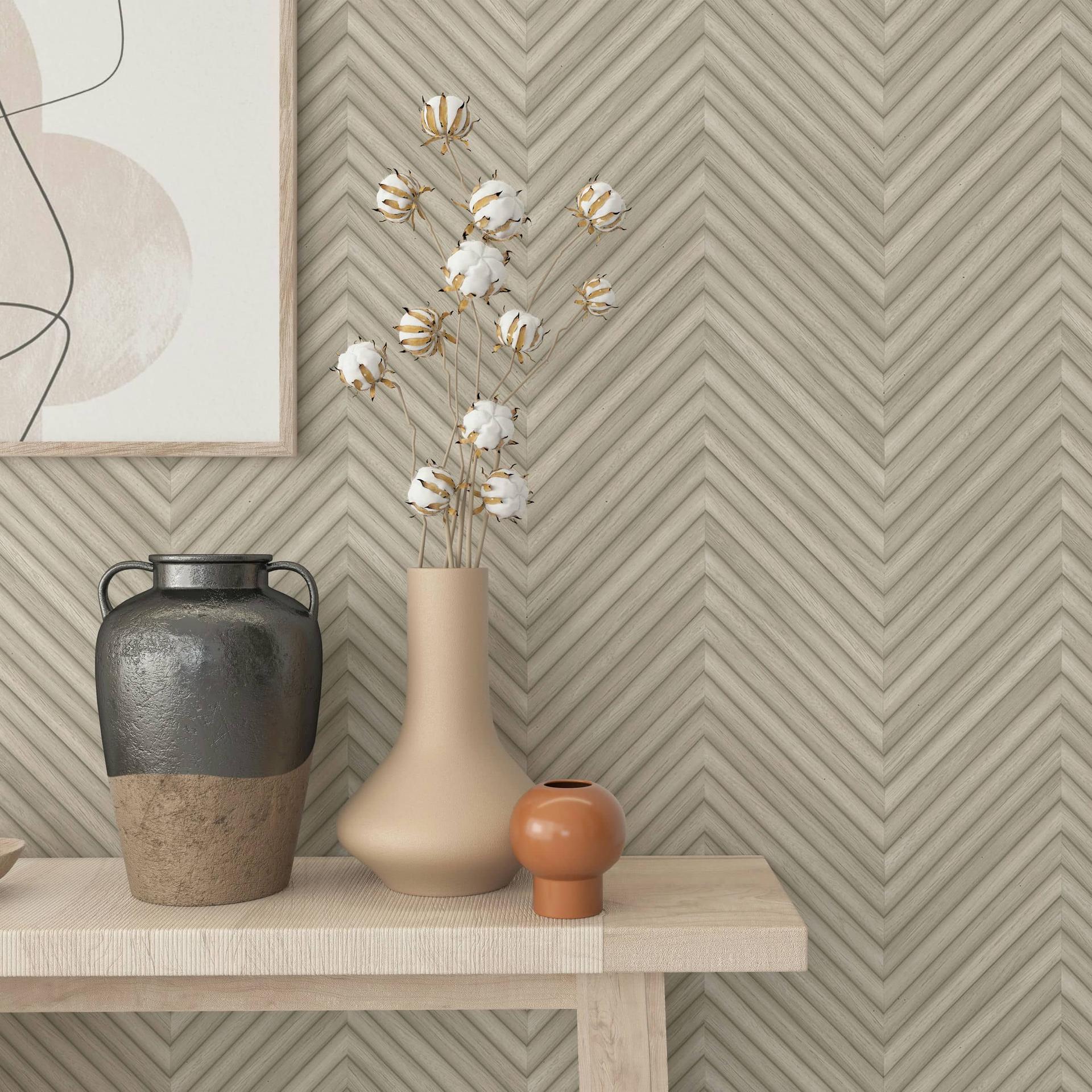 Non-woven tapet med sildebensmønster og trælook beige trælook